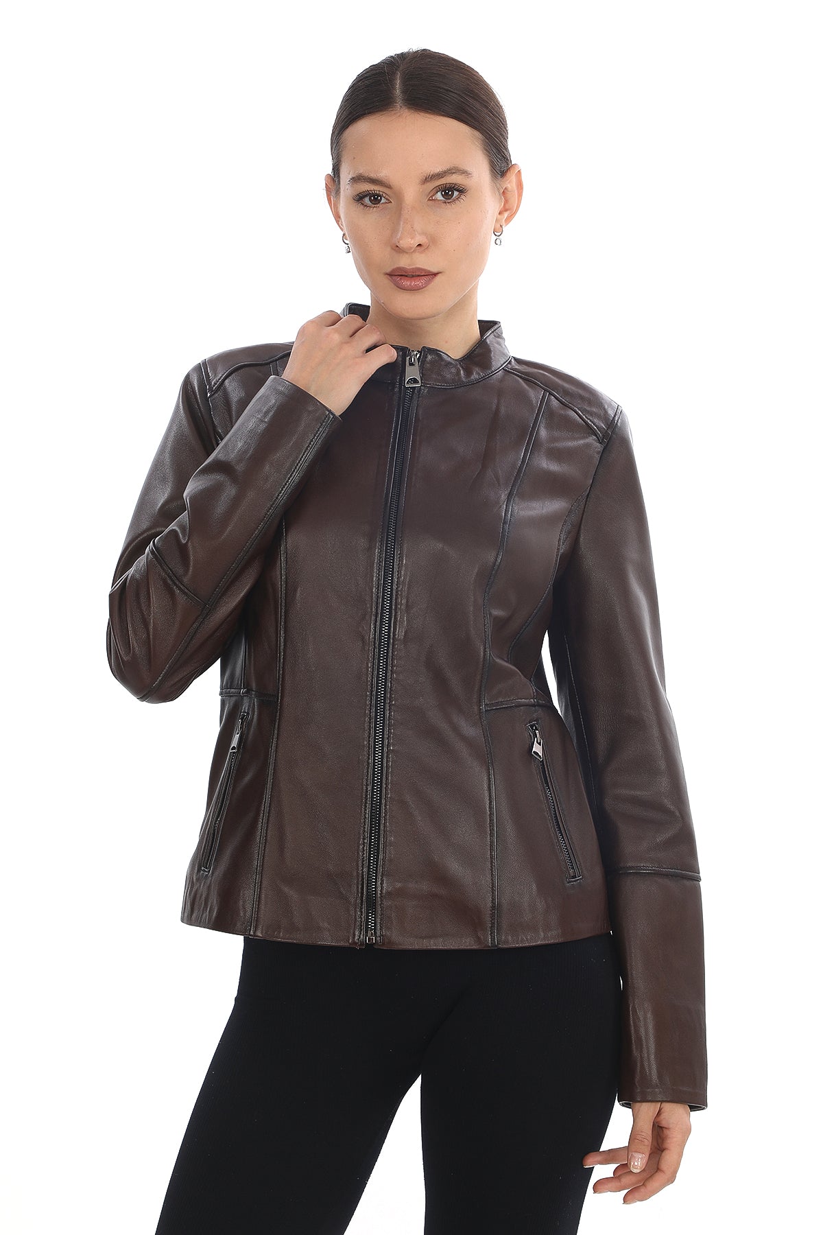 MILANO BLACK GENUINE LEATHER MINIMALIST MANDARIN COLLAR JACKET Brown