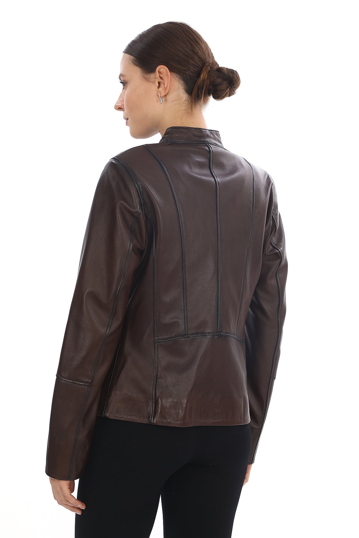 MILANO BLACK GENUINE LEATHER MINIMALIST MANDARIN COLLAR JACKET Brown