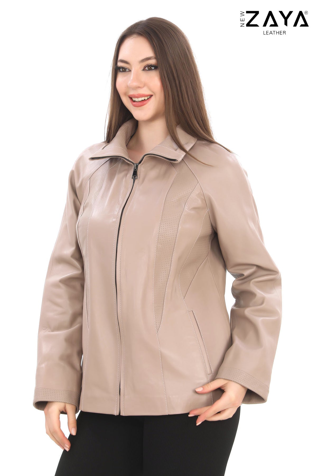 AURA BEIGE GENUINE LEATHER PERFORATED DETAILED JACKET