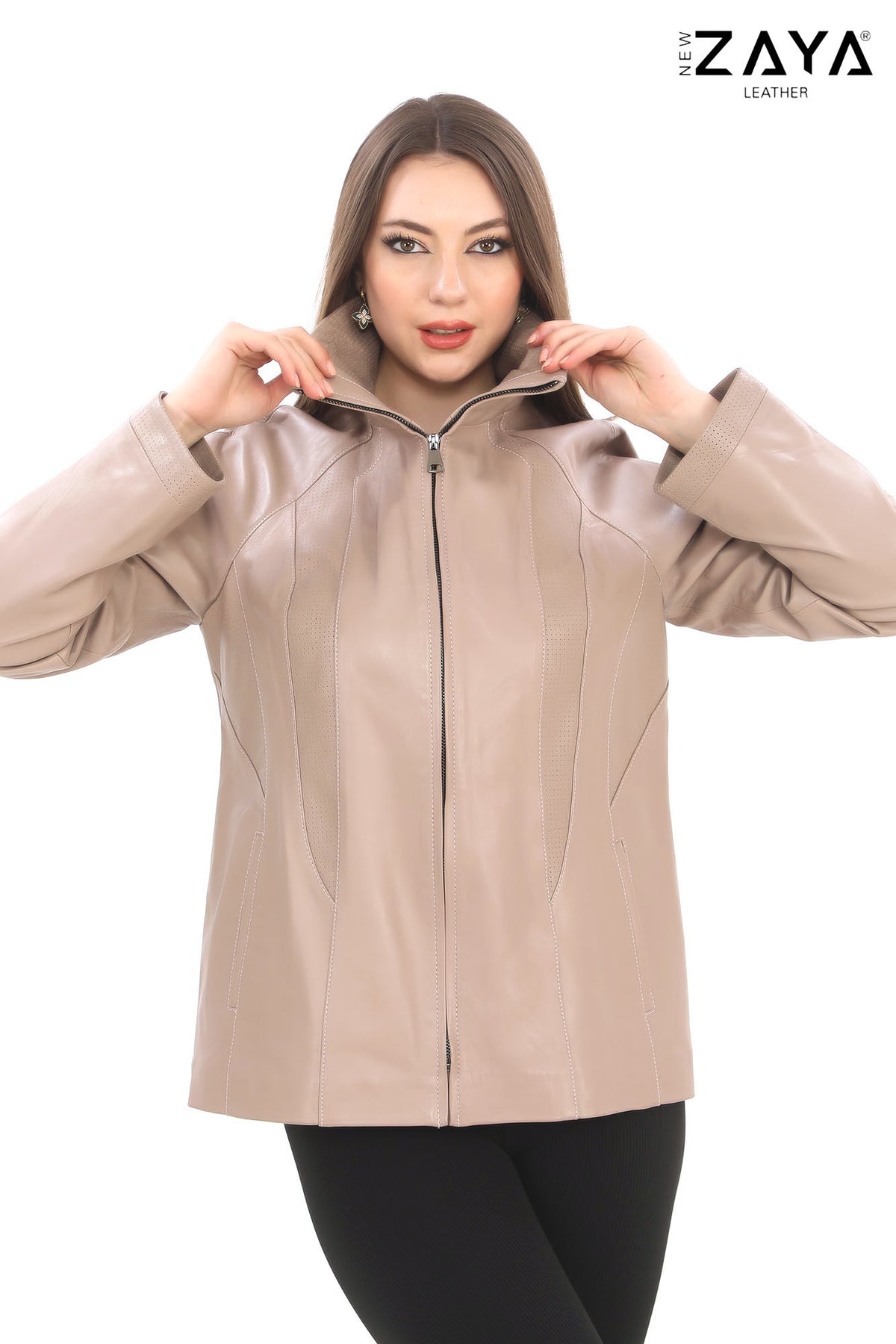 AURA BEIGE GENUINE LEATHER PERFORATED DETAILED JACKET