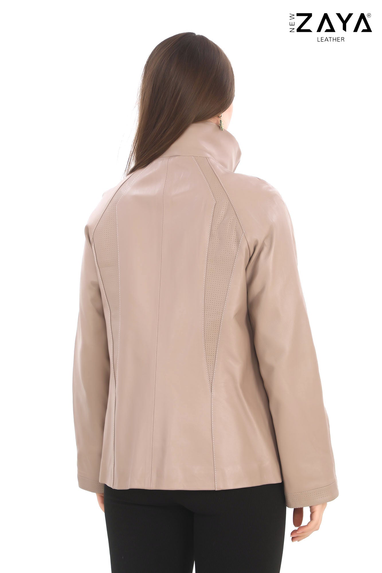 AURA BEIGE GENUINE LEATHER PERFORATED DETAILED JACKET