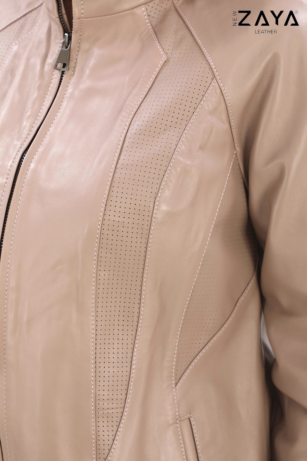 AURA BEIGE GENUINE LEATHER PERFORATED DETAILED JACKET