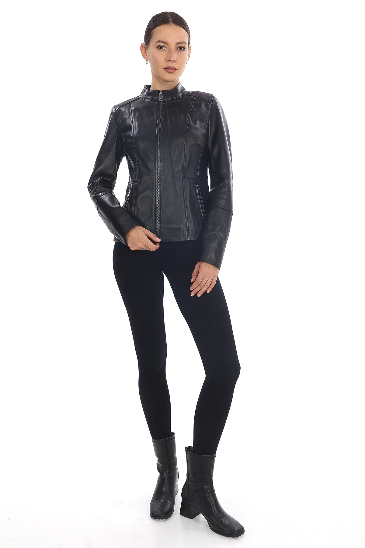 MILANO BLACK GENUINE LEATHER MINIMALIST MANDARIN COLLAR JACKET Black