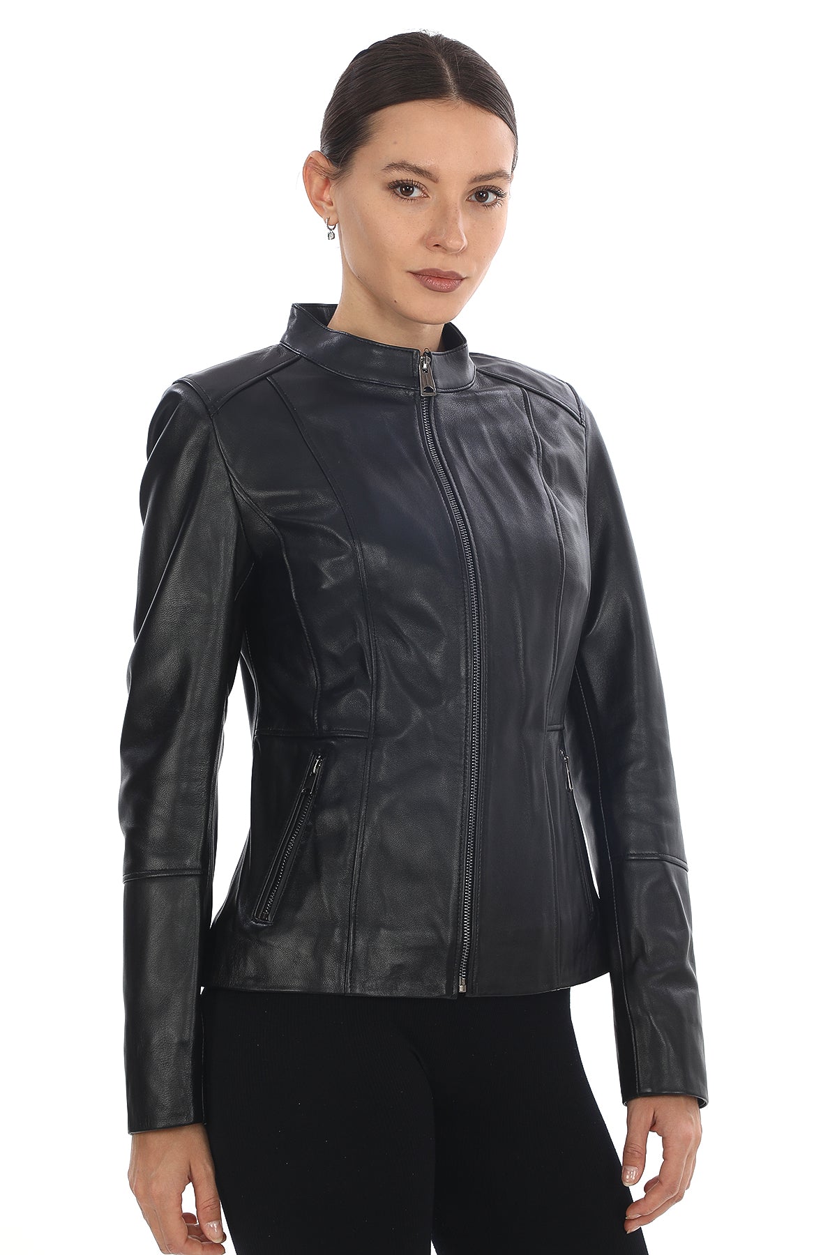 MILANO BLACK GENUINE LEATHER MINIMALIST MANDARIN COLLAR JACKET Black