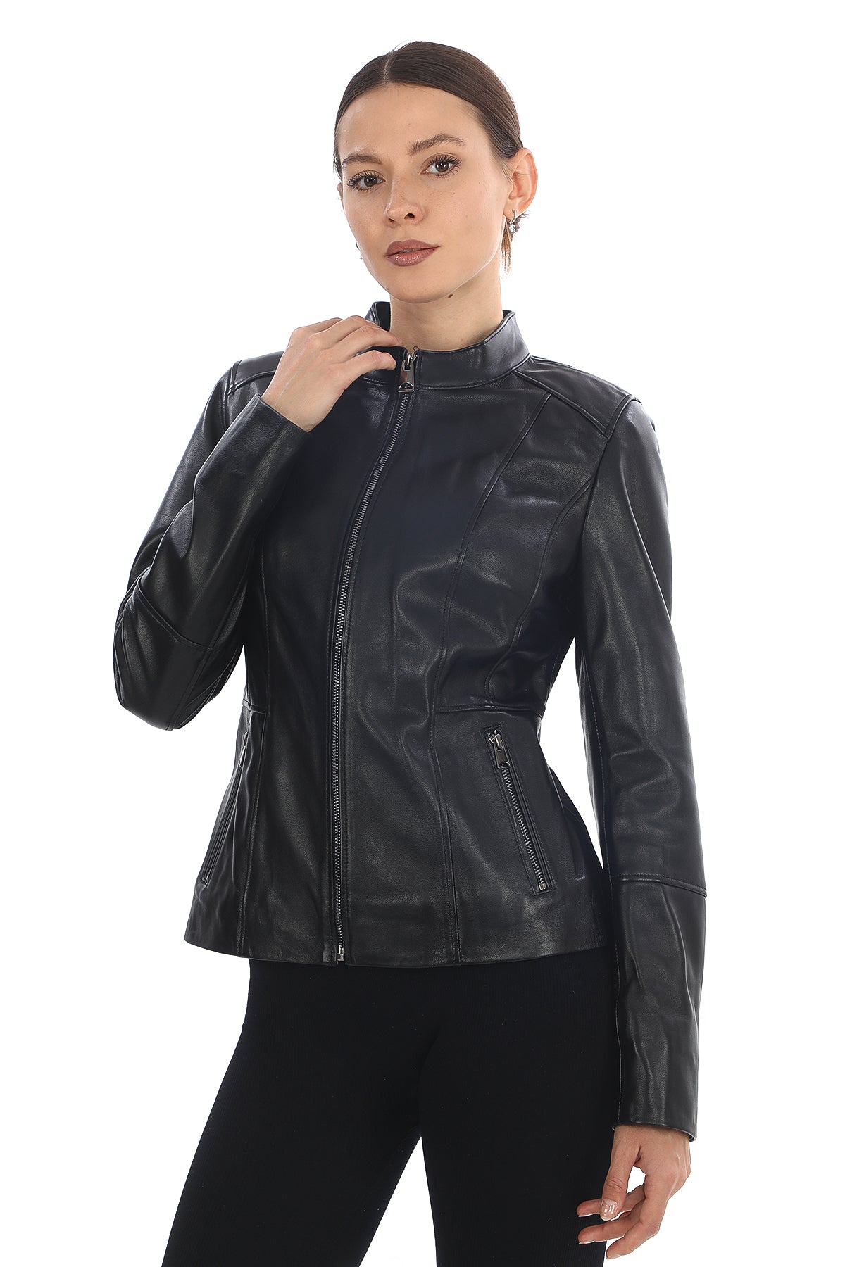 MILANO BLACK GENUINE LEATHER MINIMALIST MANDARIN COLLAR JACKET Black
