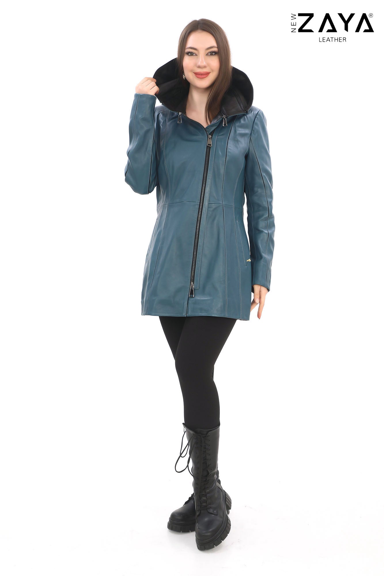 ALVEA BLUE Detachable Hood Genuine Lambskin Leather Coat with Double-Zip Closure