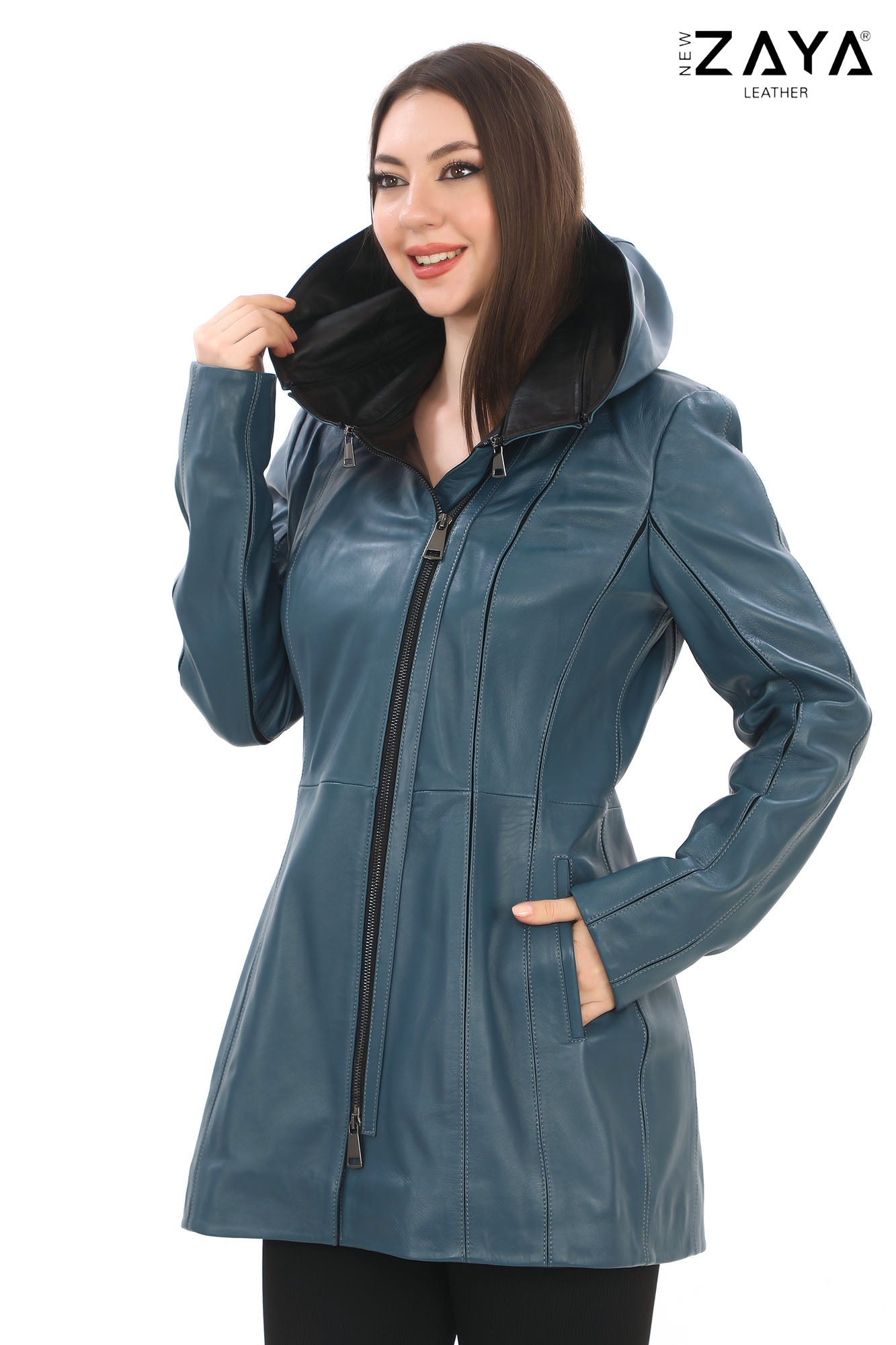 ALVEA BLUE Detachable Hood Genuine Lambskin Leather Coat with Double-Zip Closure