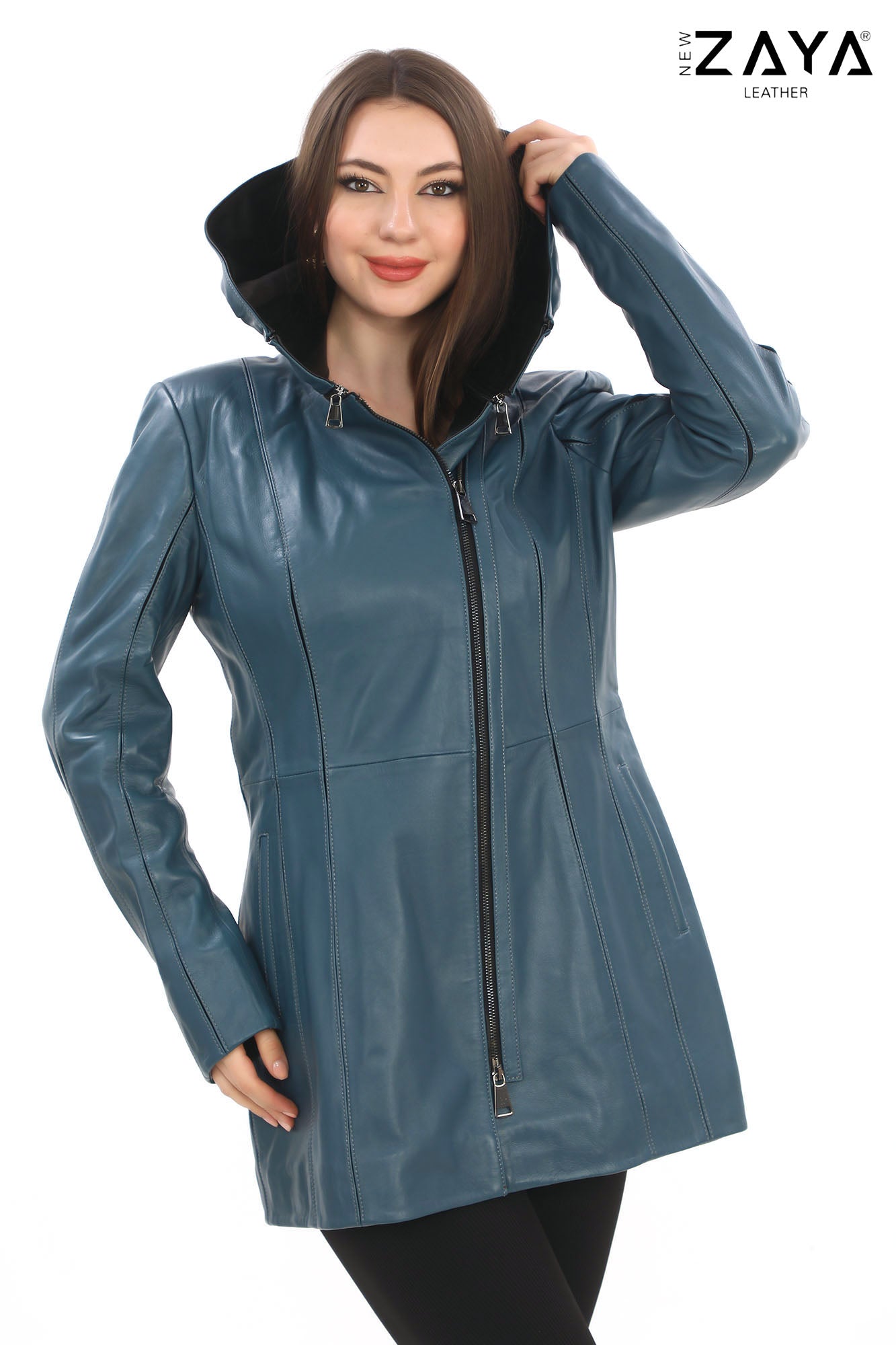 ALVEA BLUE Detachable Hood Genuine Lambskin Leather Coat with Double-Zip Closure