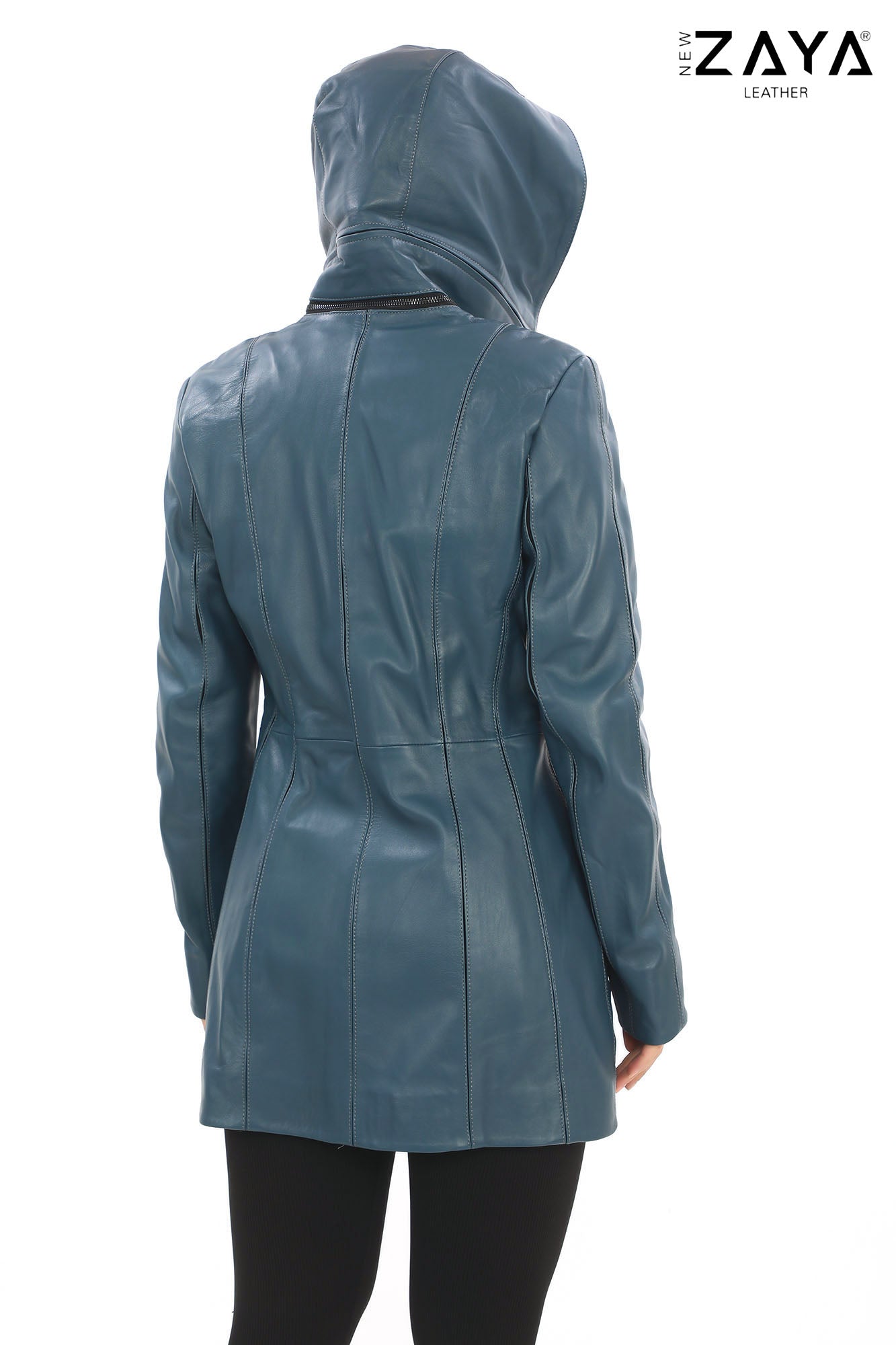 ALVEA BLUE Detachable Hood Genuine Lambskin Leather Coat with Double-Zip Closure