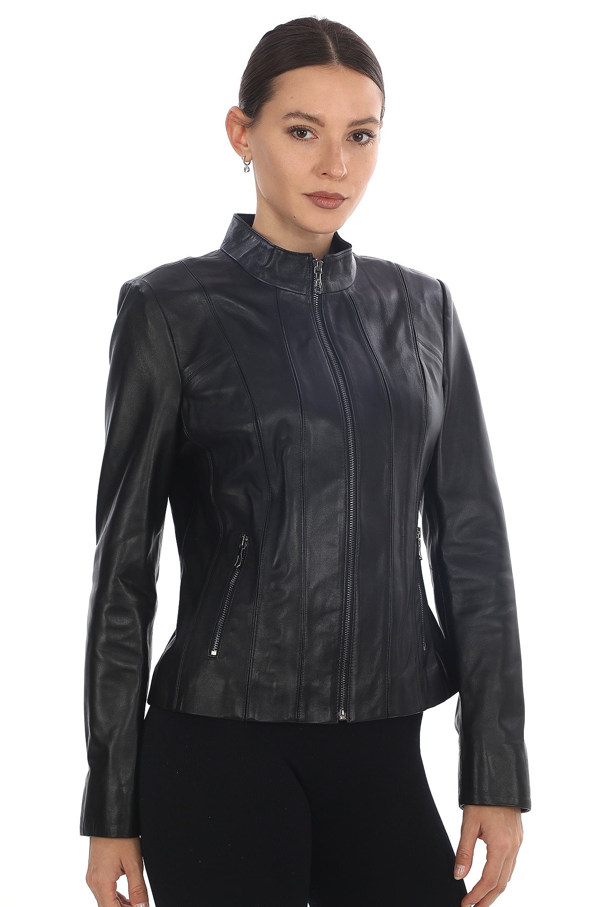 Norelle Genuine Lambskin Black Leather Jacket with Stand Collar and Tailored Fit Black