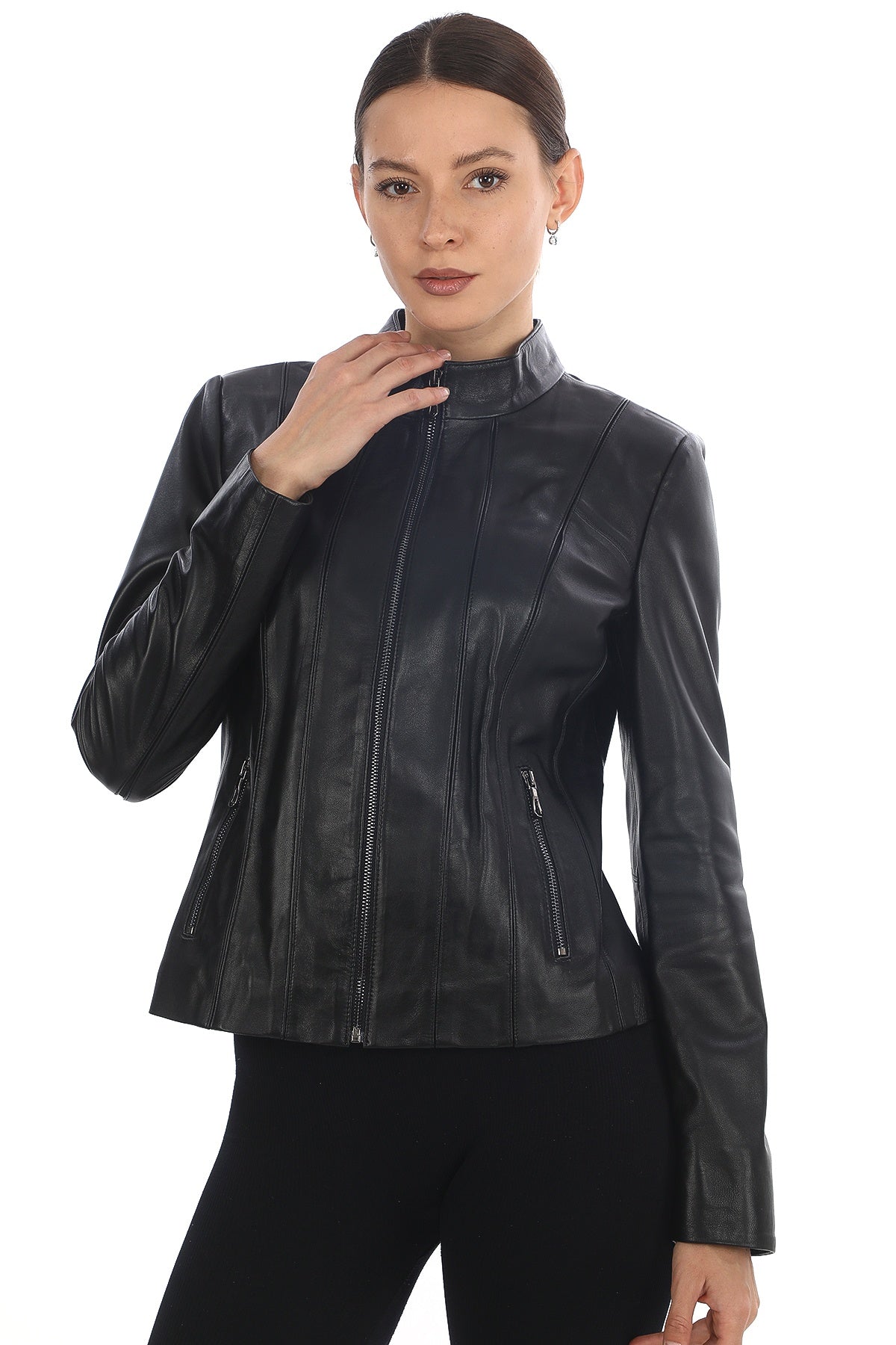 Norelle Genuine Lambskin Black Leather Jacket with Stand Collar and Tailored Fit Black