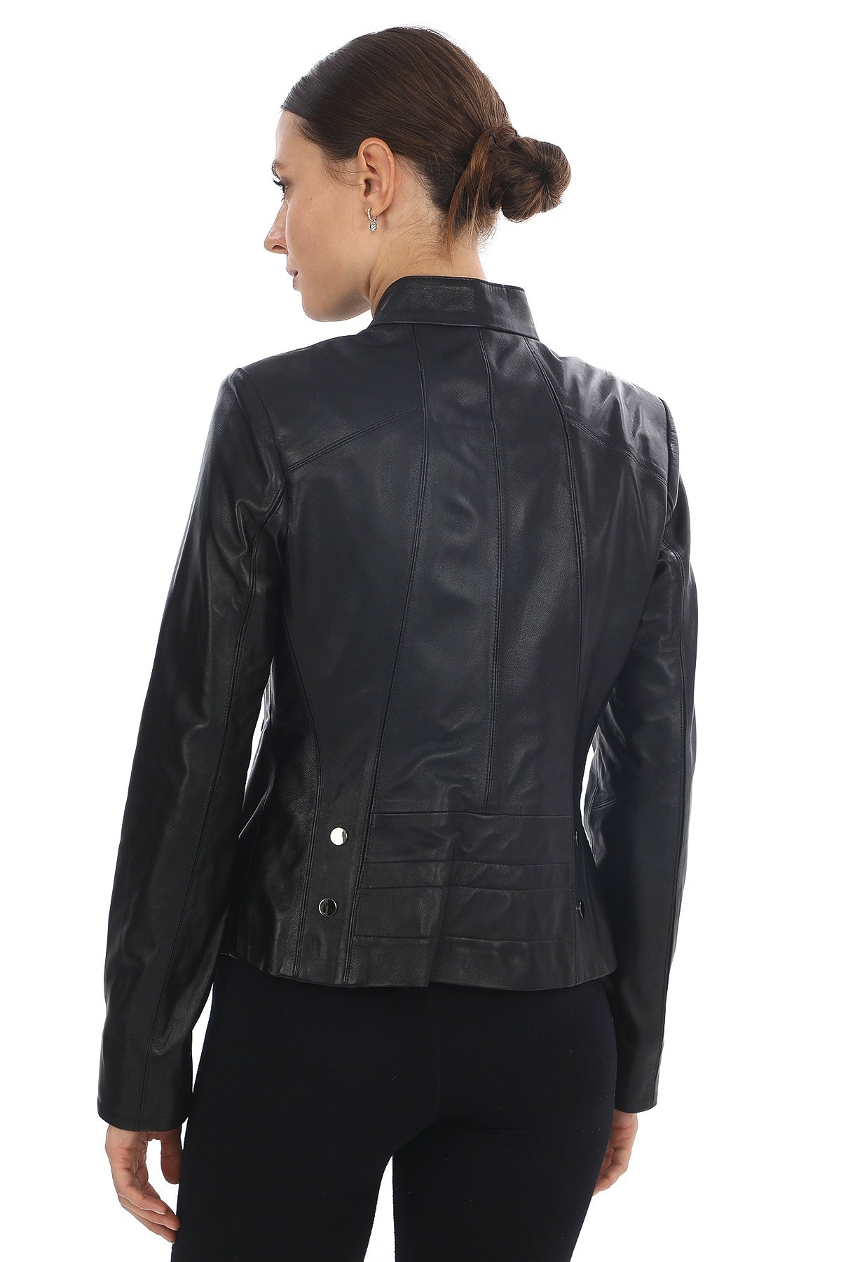 Norelle Genuine Lambskin Black Leather Jacket with Stand Collar and Tailored Fit Black