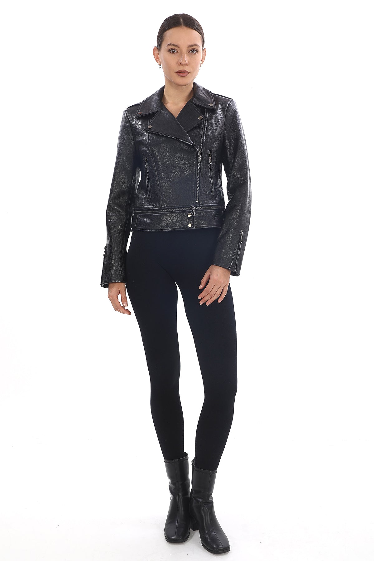 RAVEN JUMBO BLACK GRAINED LEATHER ASYMMETRICAL BIKER JACKET