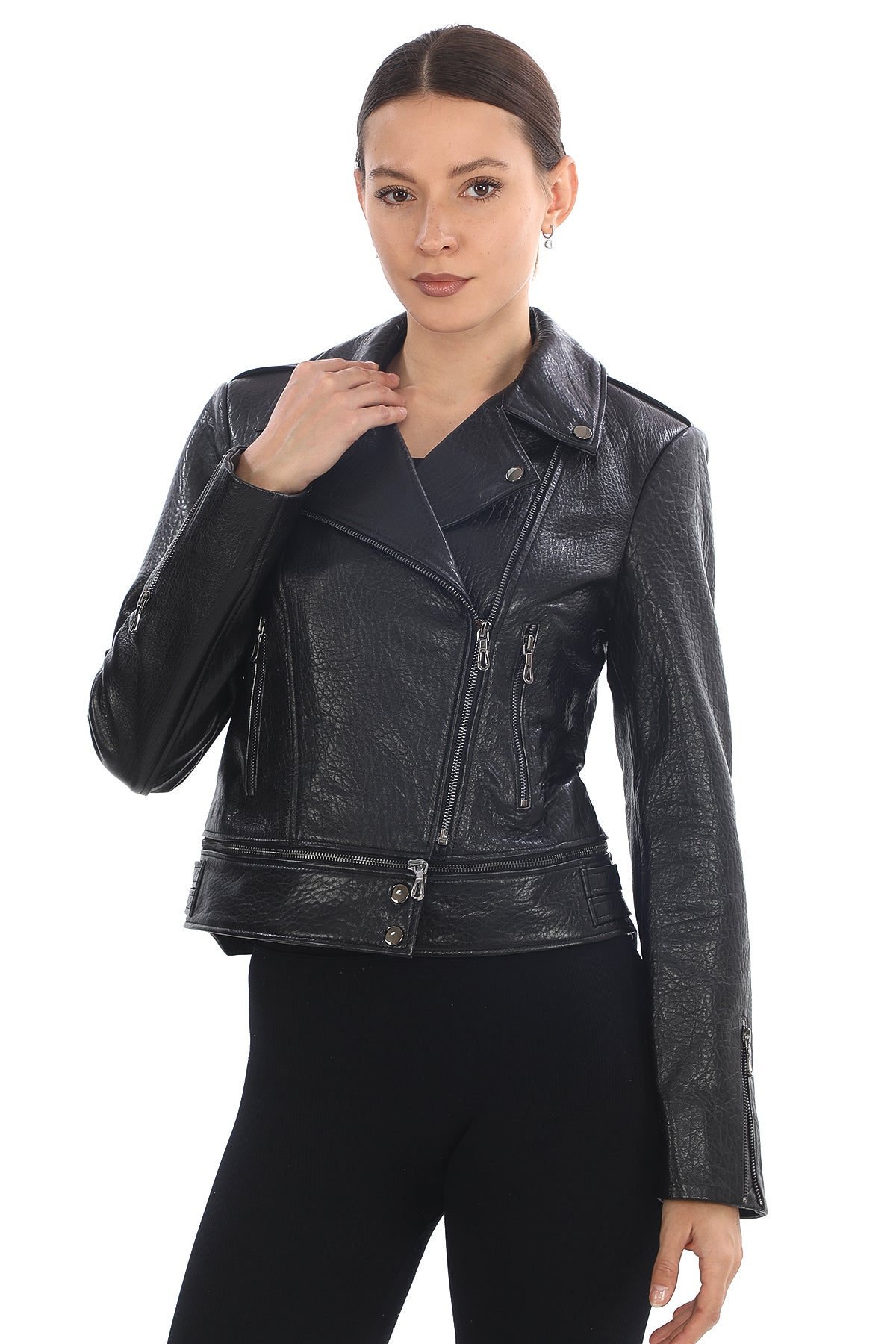 RAVEN JUMBO BLACK GRAINED LEATHER ASYMMETRICAL BIKER JACKET