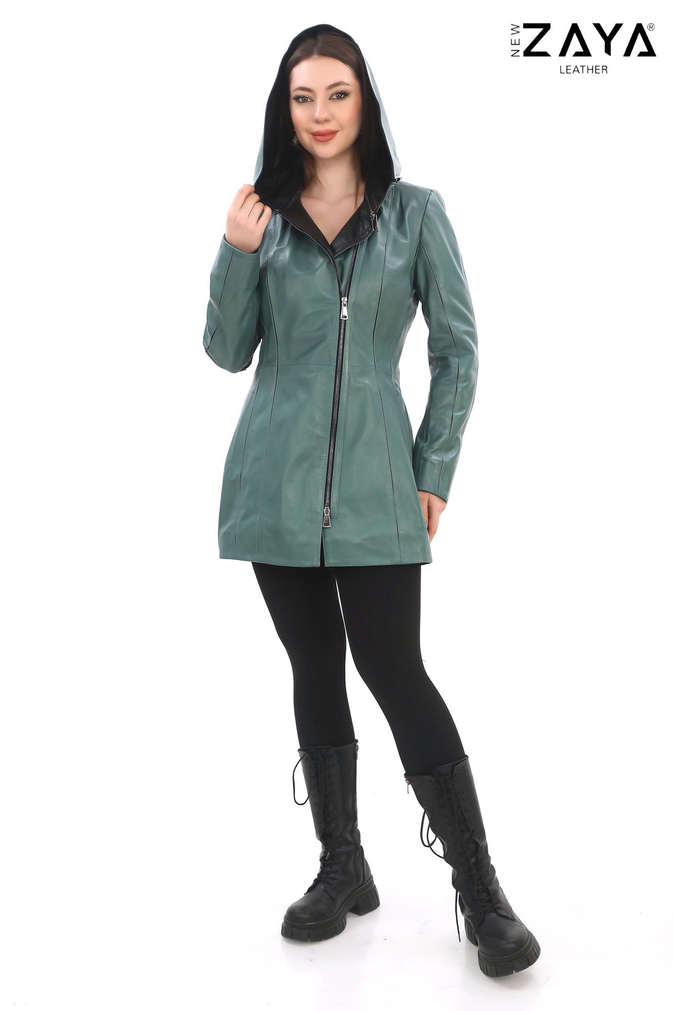 ALVEA MINT GREEN Detachable Hood Genuine Lambskin Leather Coat with Double-Zip Closure