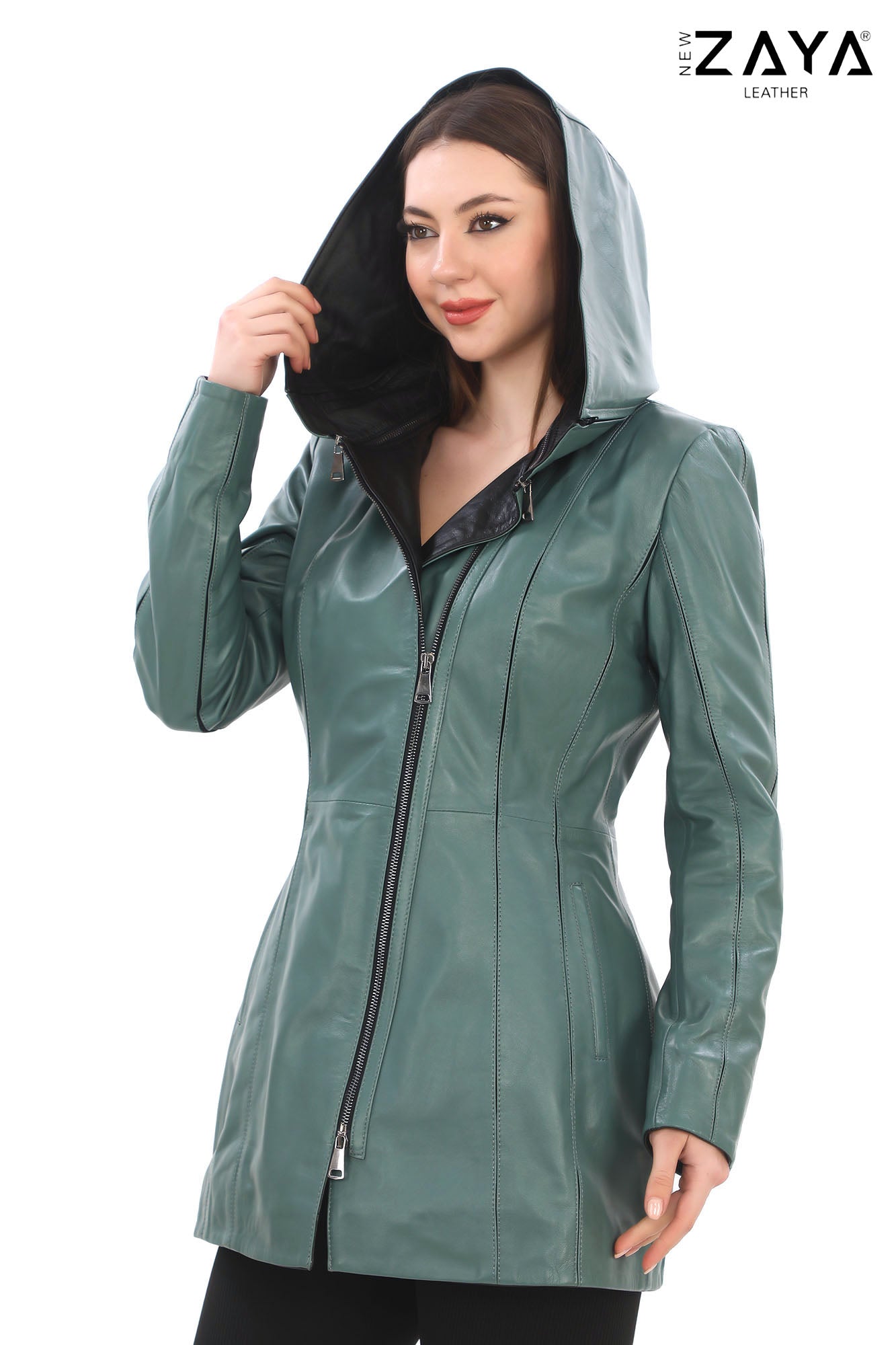 ALVEA MINT GREEN Detachable Hood Genuine Lambskin Leather Coat with Double-Zip Closure