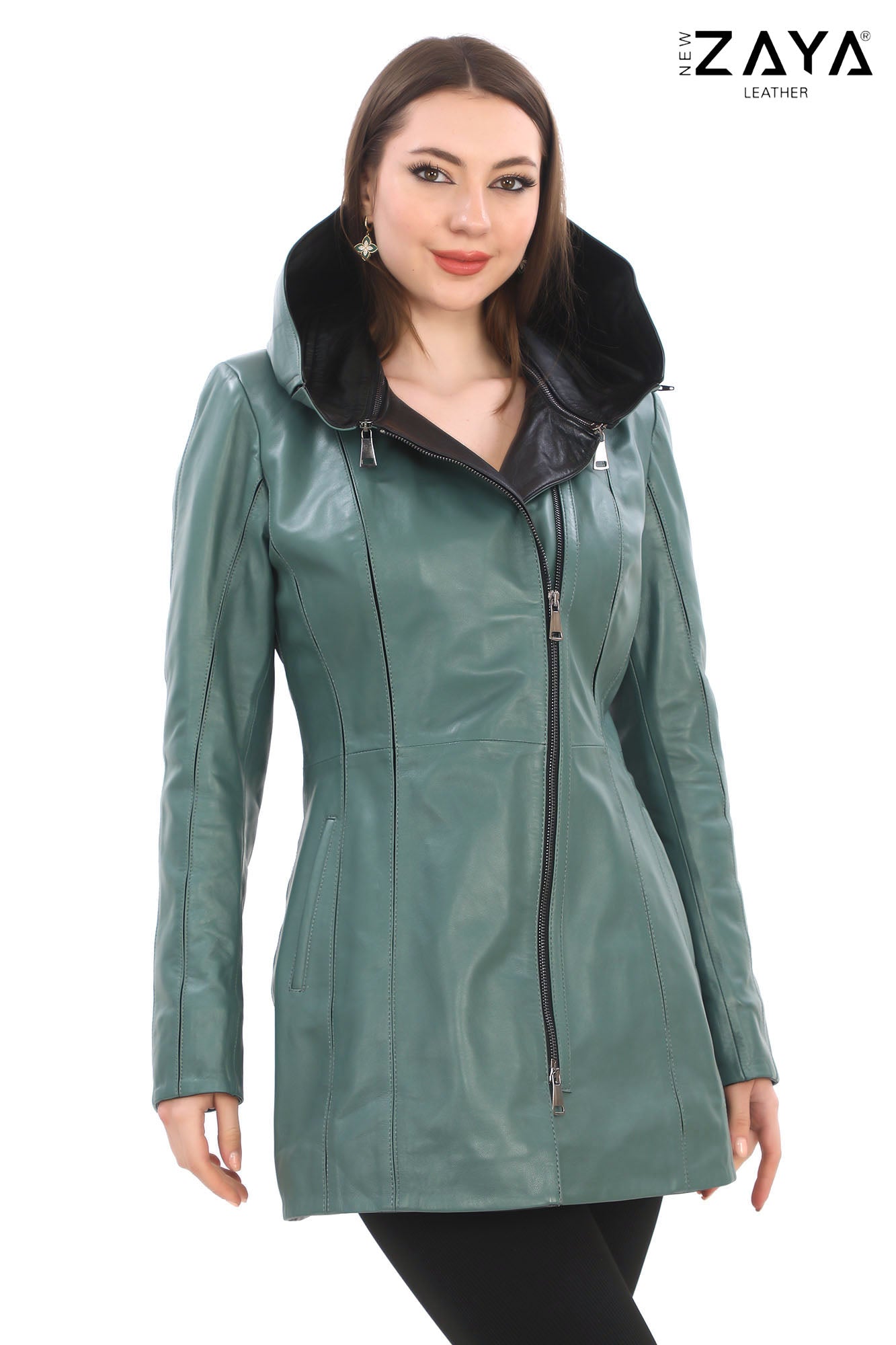 ALVEA MINT GREEN Detachable Hood Genuine Lambskin Leather Coat with Double-Zip Closure