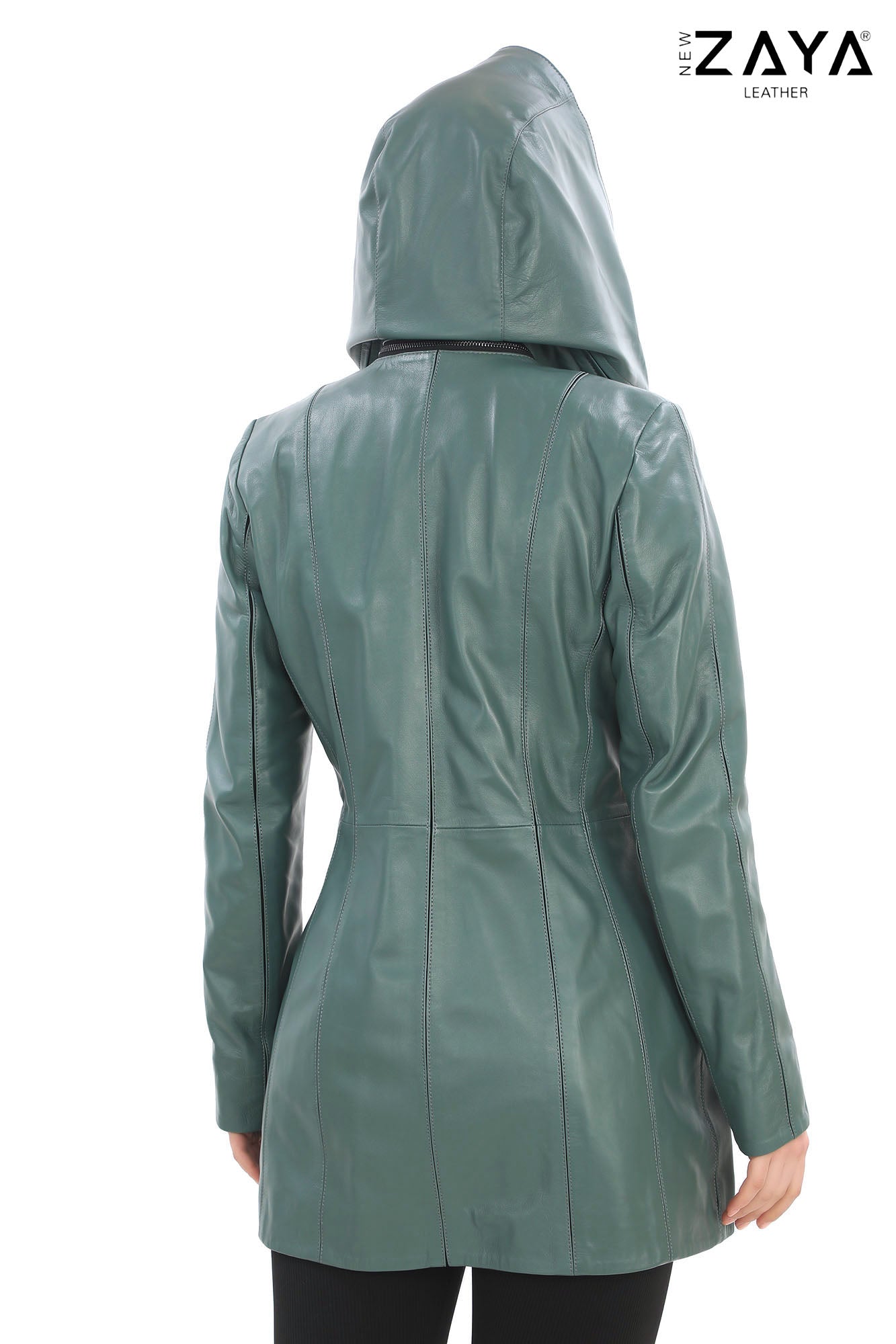 ALVEA MINT GREEN Detachable Hood Genuine Lambskin Leather Coat with Double-Zip Closure