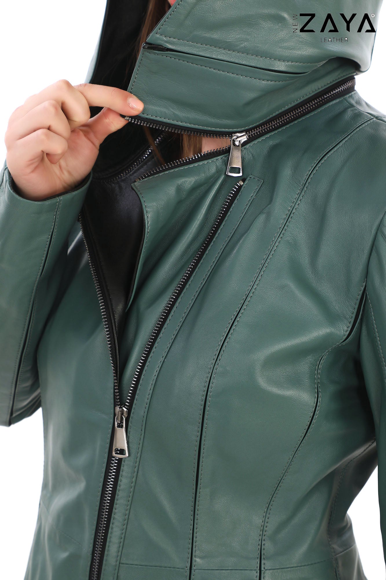 ALVEA MINT GREEN Detachable Hood Genuine Lambskin Leather Coat with Double-Zip Closure