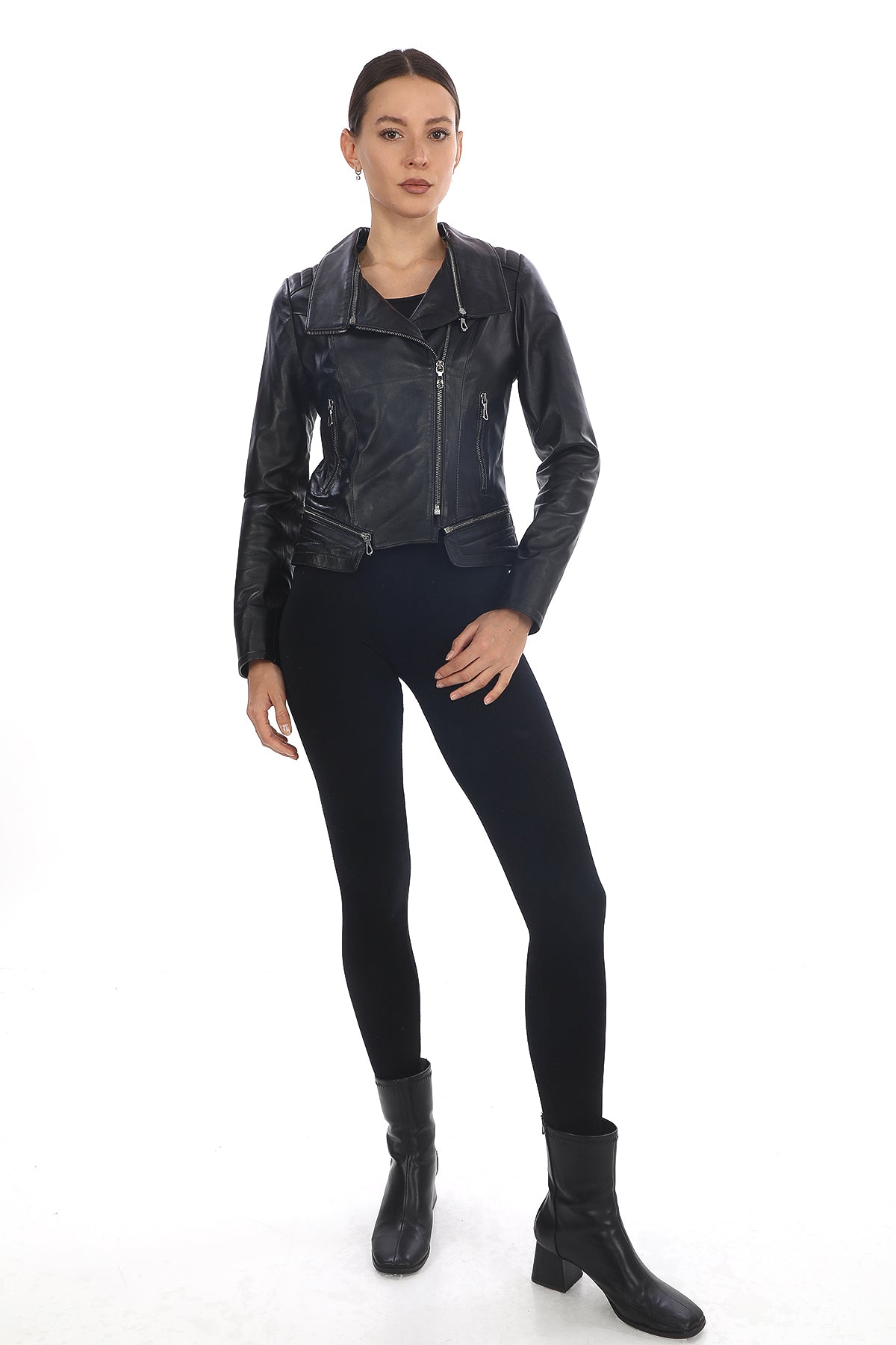 AURÉLIA STONE – Asymmetrical Leather Biker Jacket Black