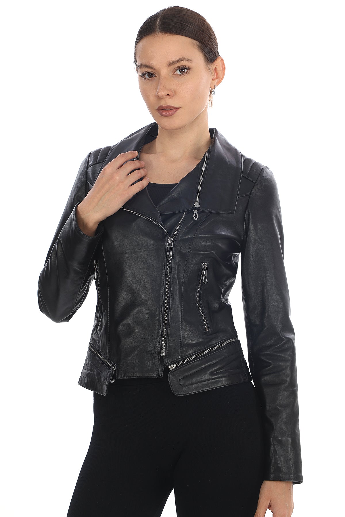AURÉLIA STONE – Asymmetrical Leather Biker Jacket Black
