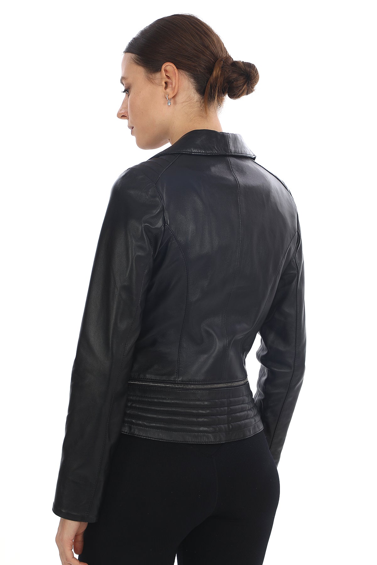 AURÉLIA STONE – Asymmetrical Leather Biker Jacket Black