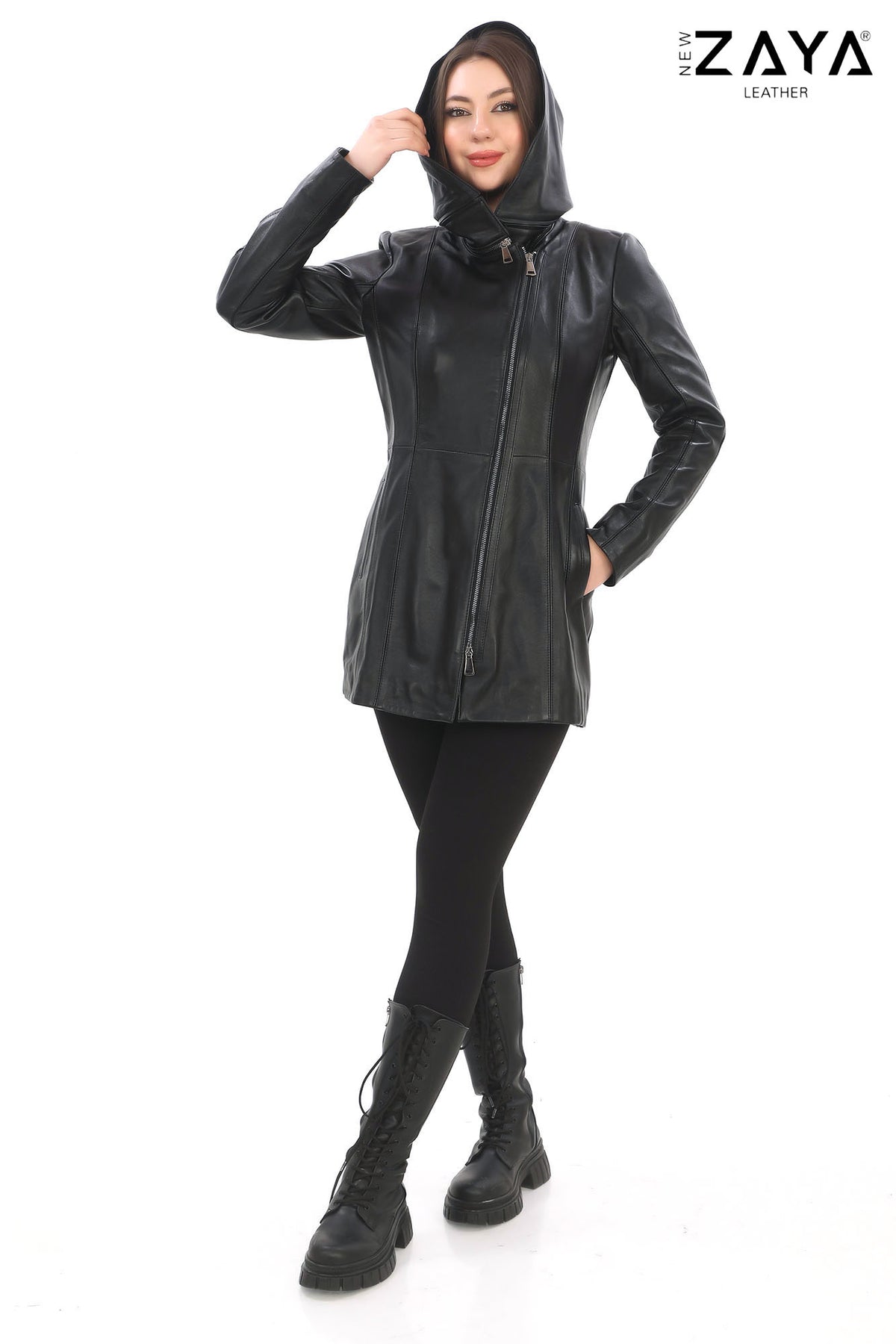 ALVEA BLACK Detachable Hood Genuine Lambskin Leather Coat with Double-Zip Closure