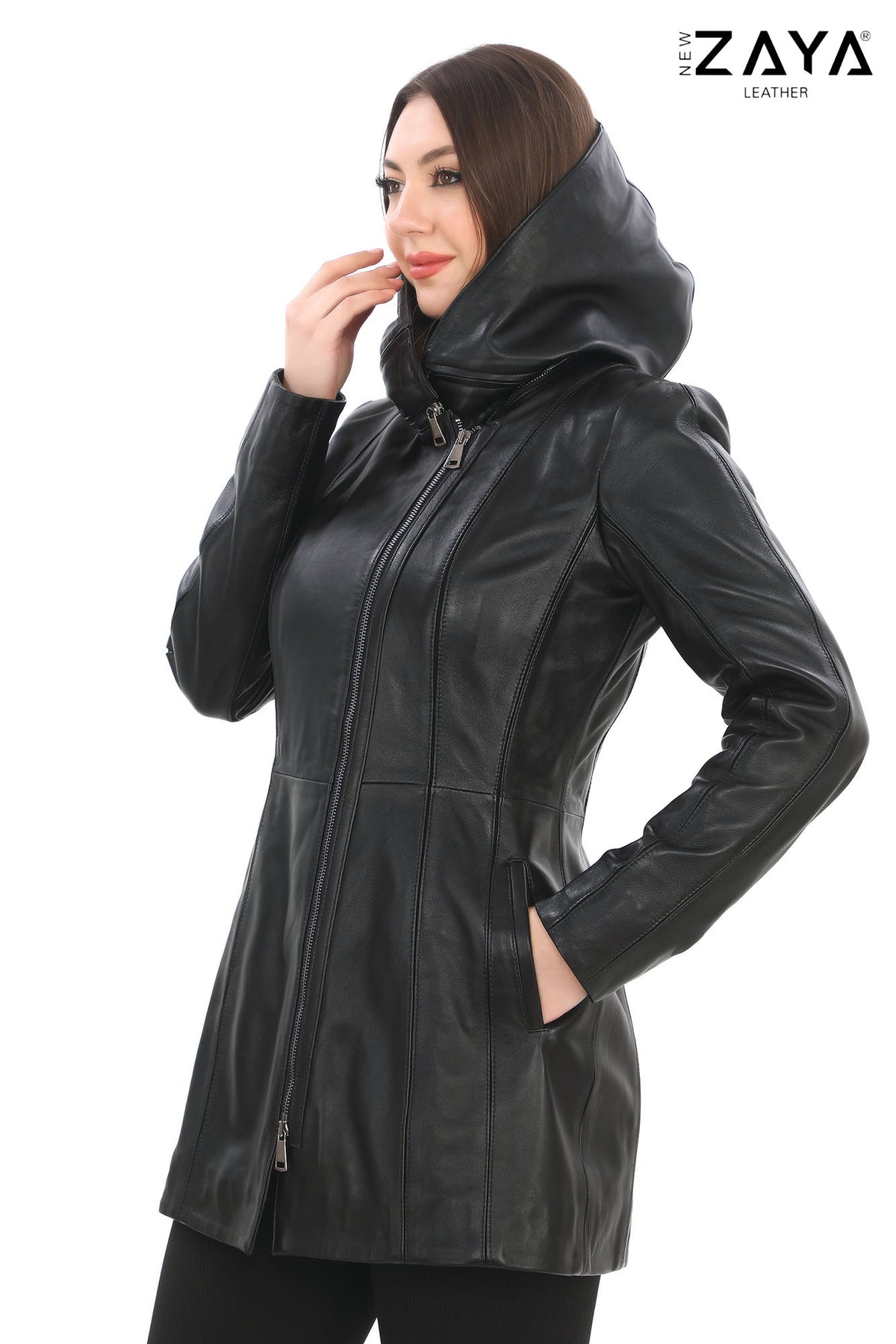 ALVEA BLACK Detachable Hood Genuine Lambskin Leather Coat with Double-Zip Closure