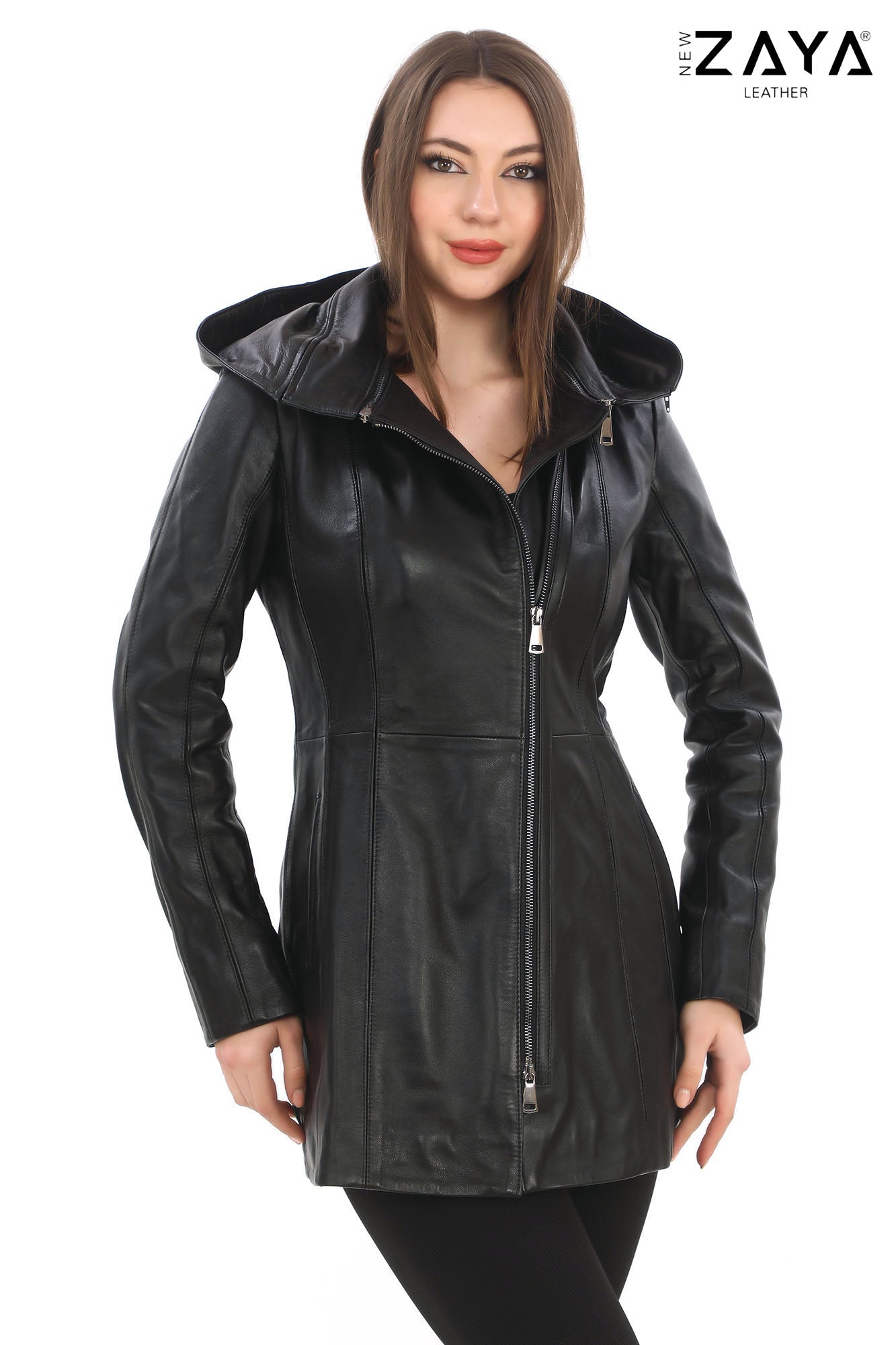 ALVEA BLACK Detachable Hood Genuine Lambskin Leather Coat with Double-Zip Closure