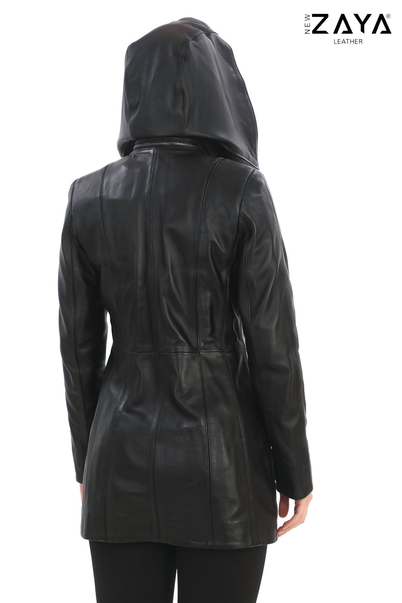 ALVEA BLACK Detachable Hood Genuine Lambskin Leather Coat with Double-Zip Closure