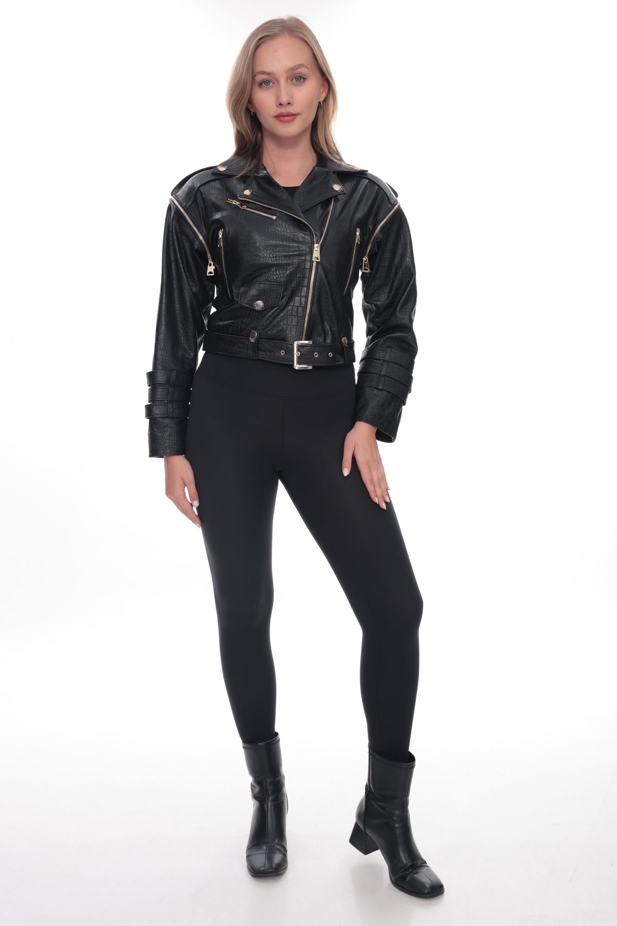 Mirea Black Genuine Leather Croc-Embossed Biker Jacket