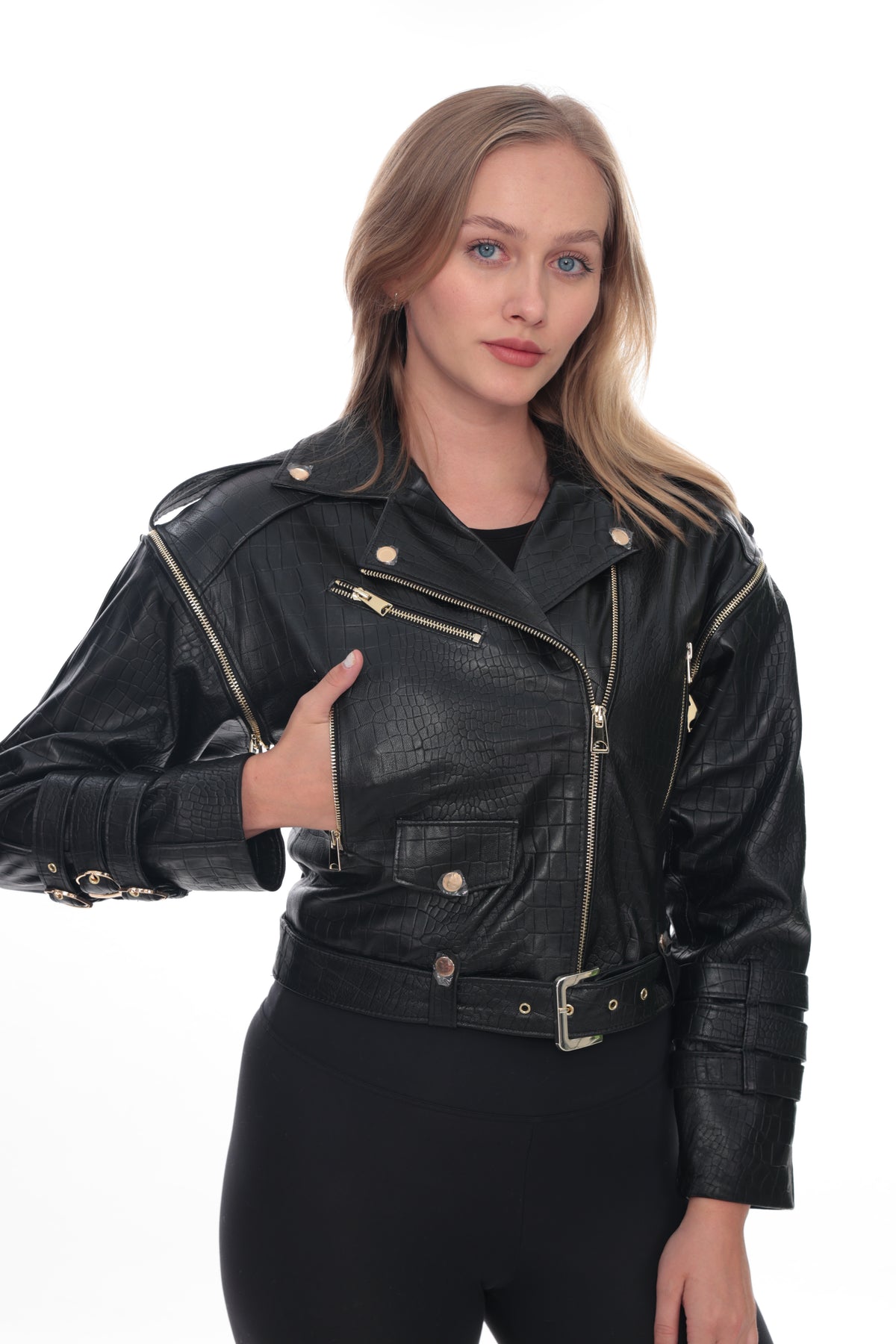 Mirea Black Genuine Leather Croc-Embossed Biker Jacket