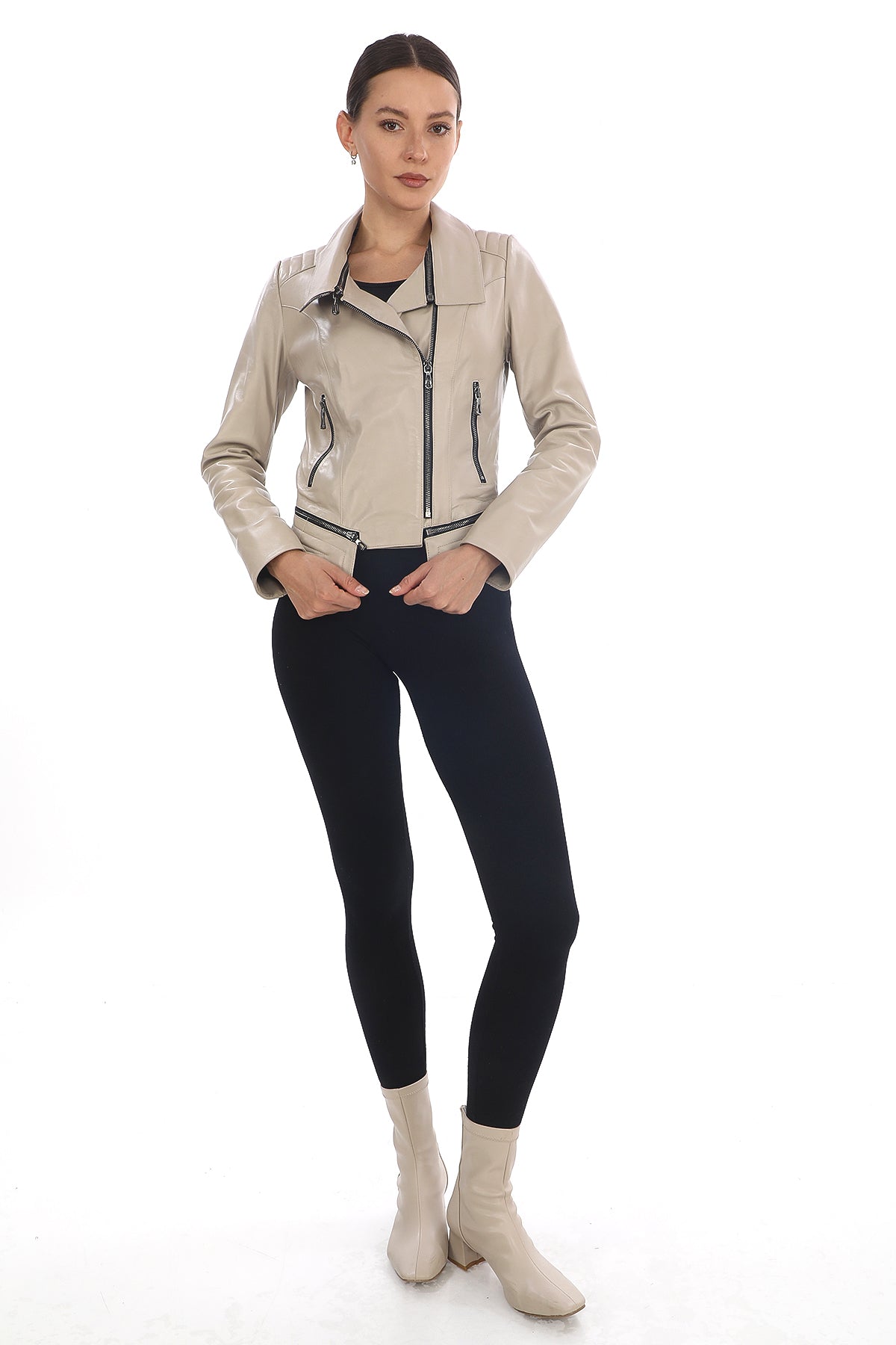 AURÉLIA STONE – Asymmetrical Leather Biker Jacket Beige