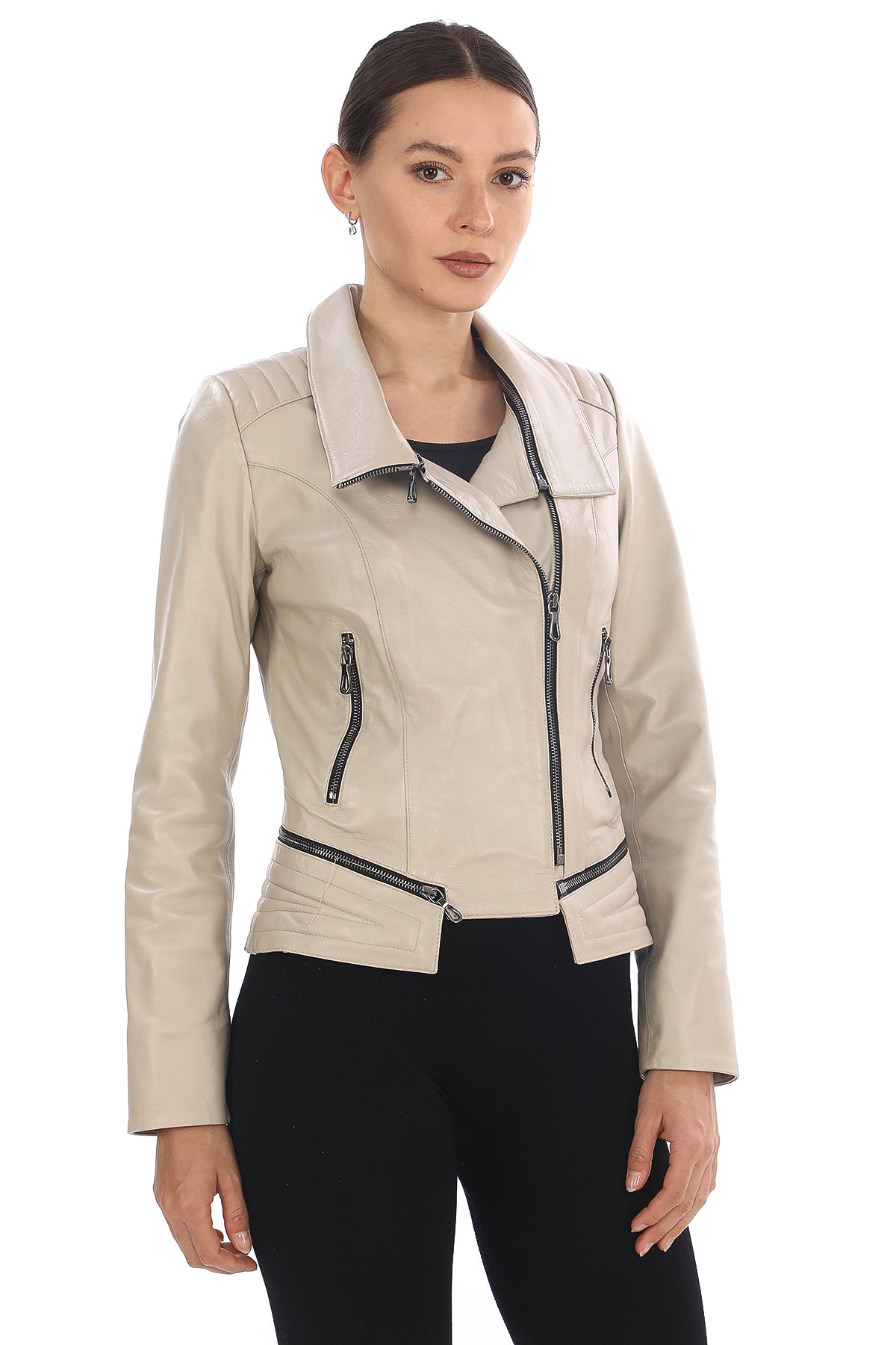AURÉLIA STONE – Asymmetrical Leather Biker Jacket Beige
