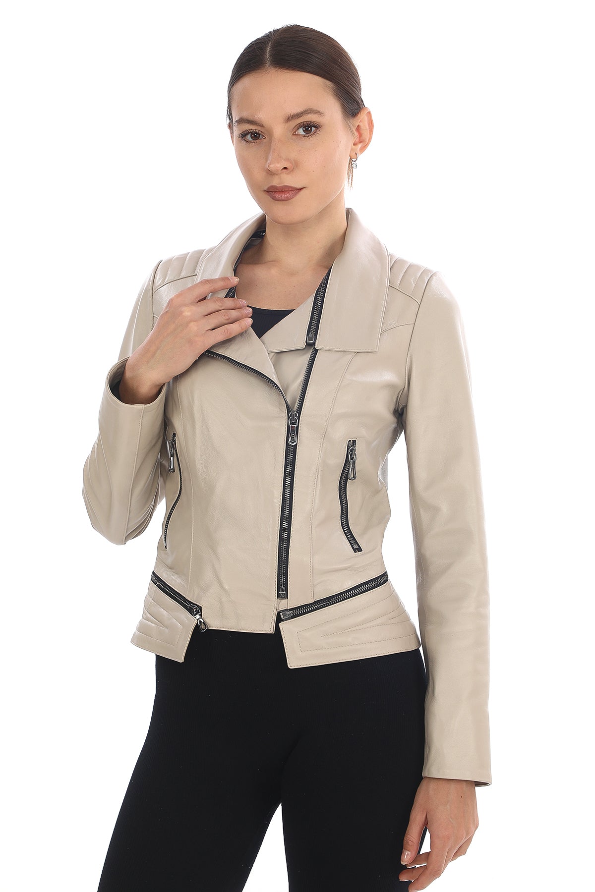 AURÉLIA STONE – Asymmetrical Leather Biker Jacket Beige