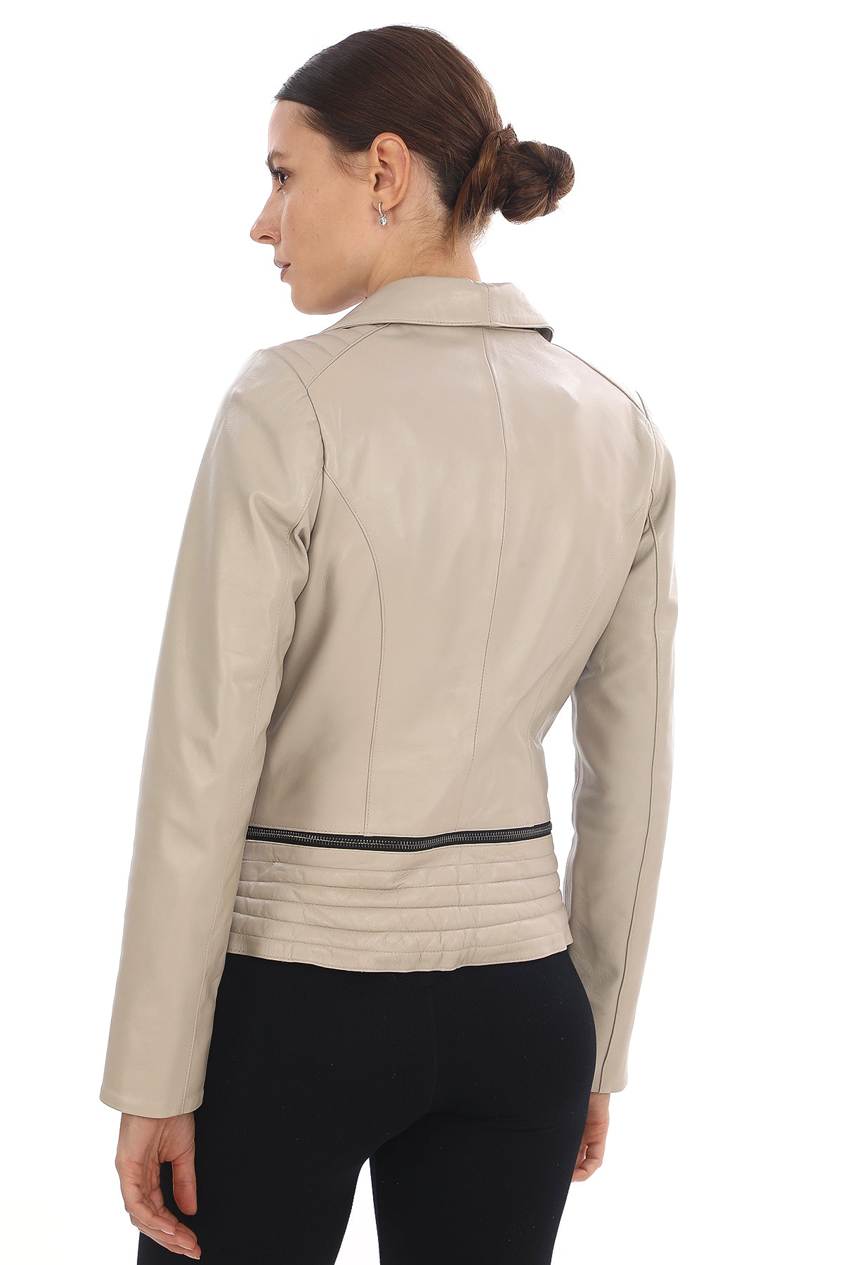 AURÉLIA STONE – Asymmetrical Leather Biker Jacket Beige