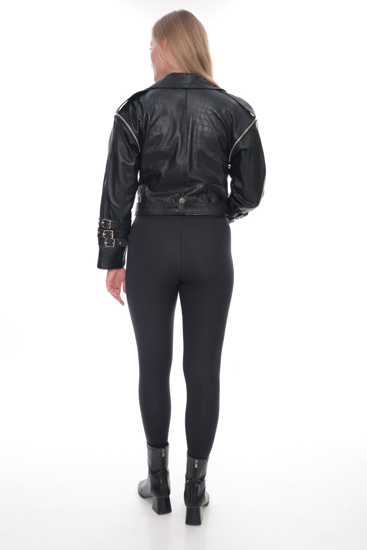Mirea Black Genuine Leather Croc-Embossed Biker Jacket