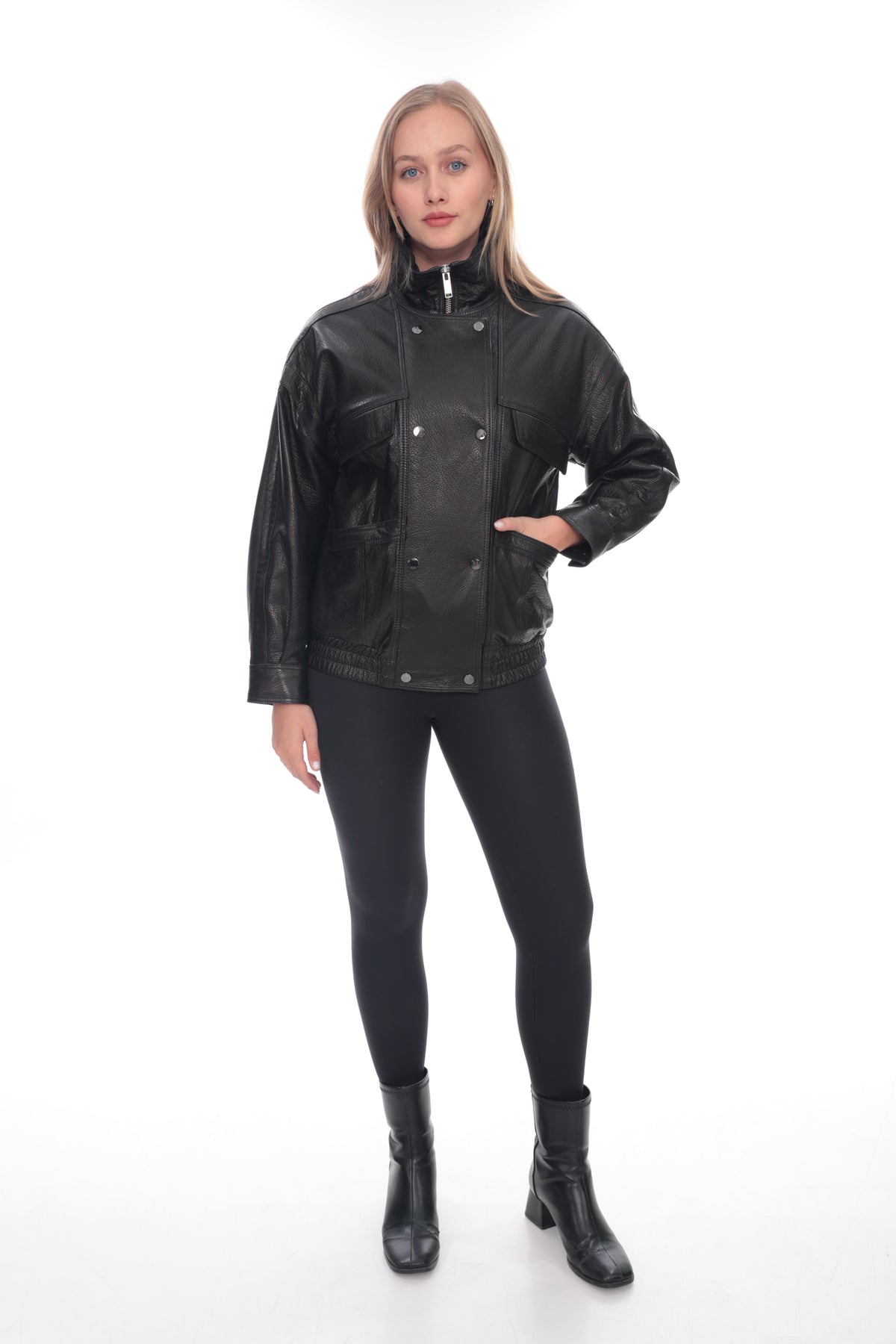 Velara Black Genuine Leather High Neck Utility Jacket
