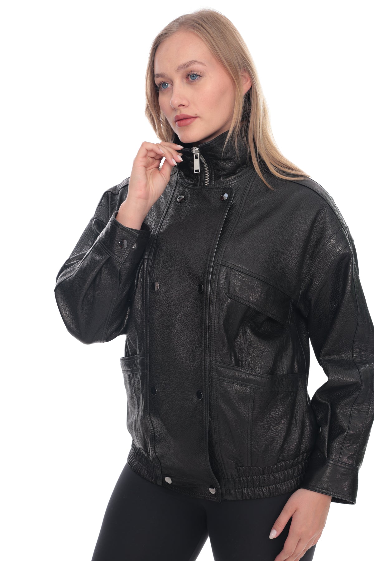 Velara Black Genuine Leather High Neck Utility Jacket