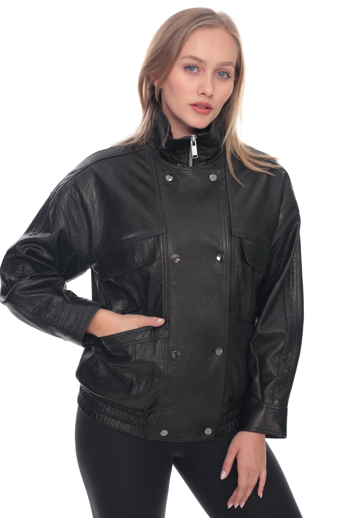 Velara Black Genuine Leather High Neck Utility Jacket