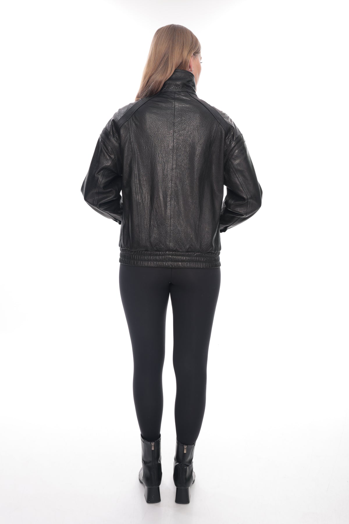 Velara Black Genuine Leather High Neck Utility Jacket