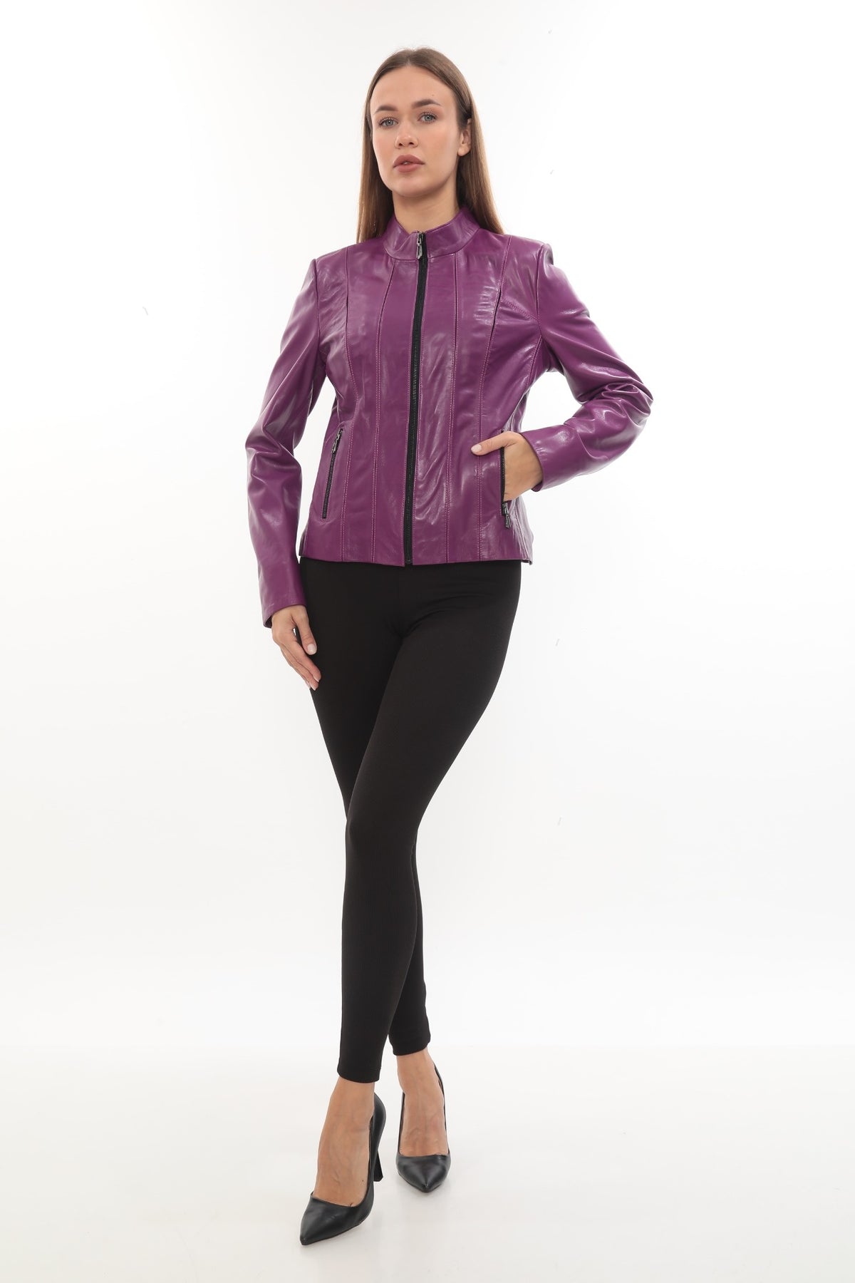 Norelle Genuine Lambskin Black Leather Jacket with Stand Collar and Tailored Fit Purple