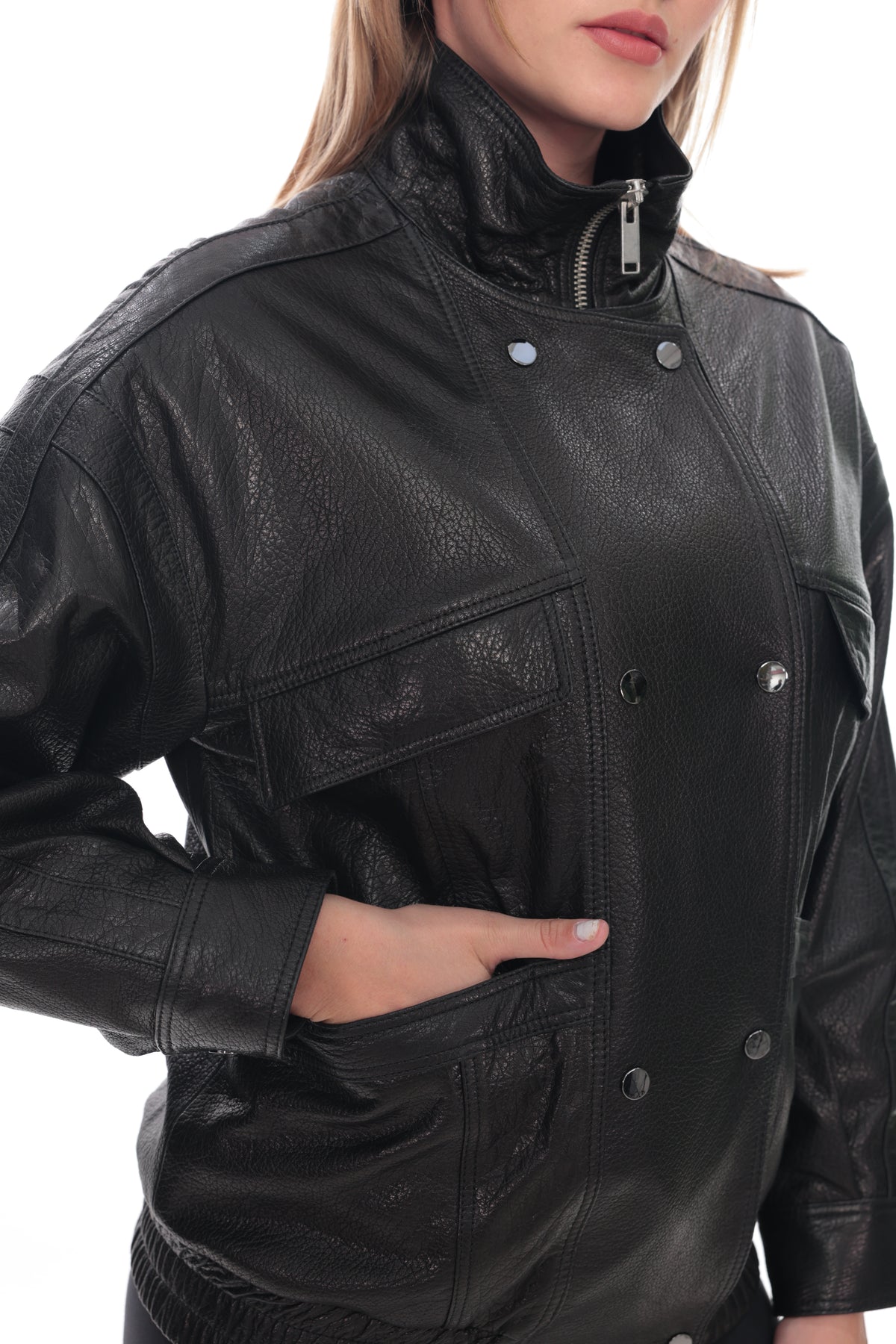 Velara Black Genuine Leather High Neck Utility Jacket