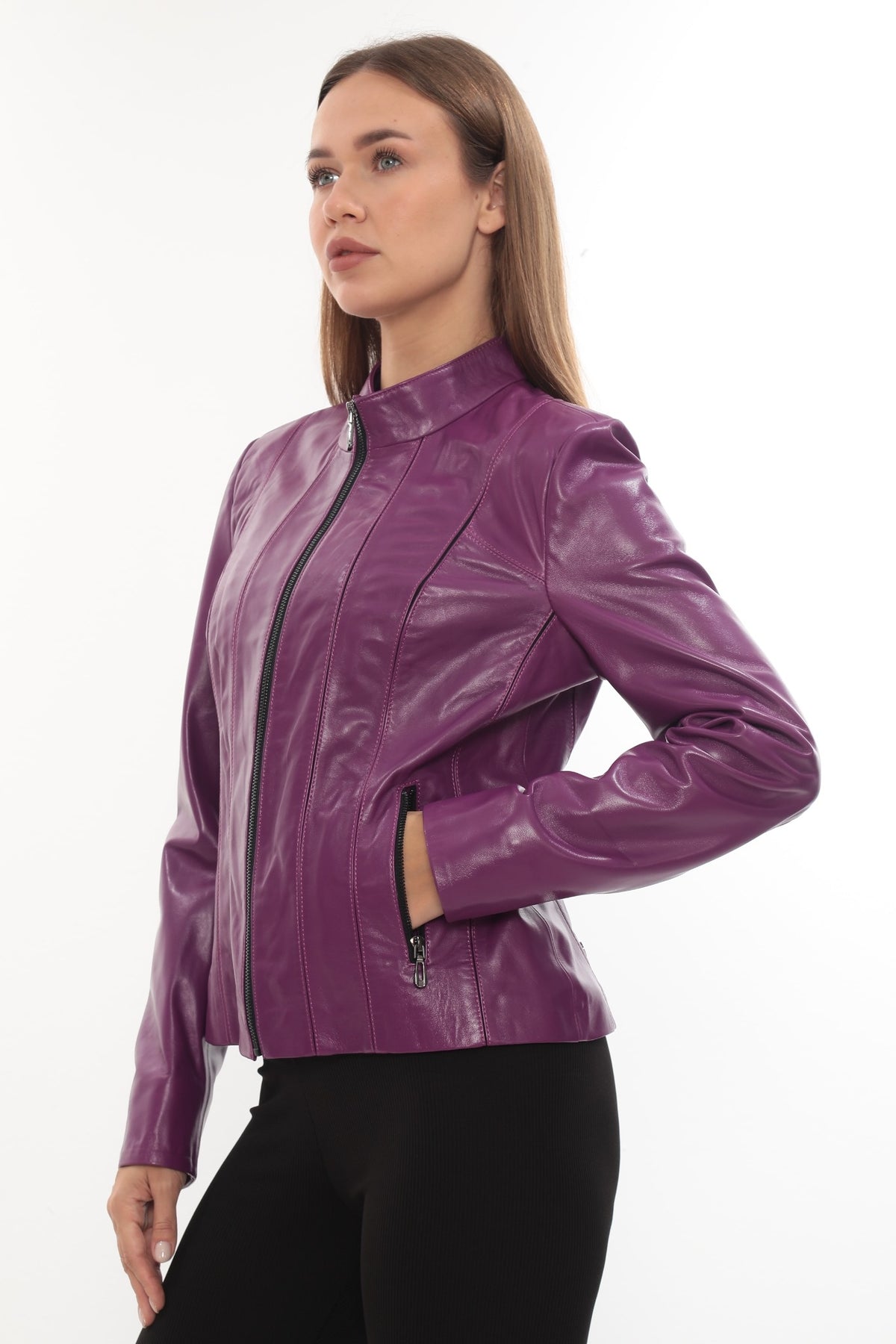 Norelle Genuine Lambskin Black Leather Jacket with Stand Collar and Tailored Fit Purple