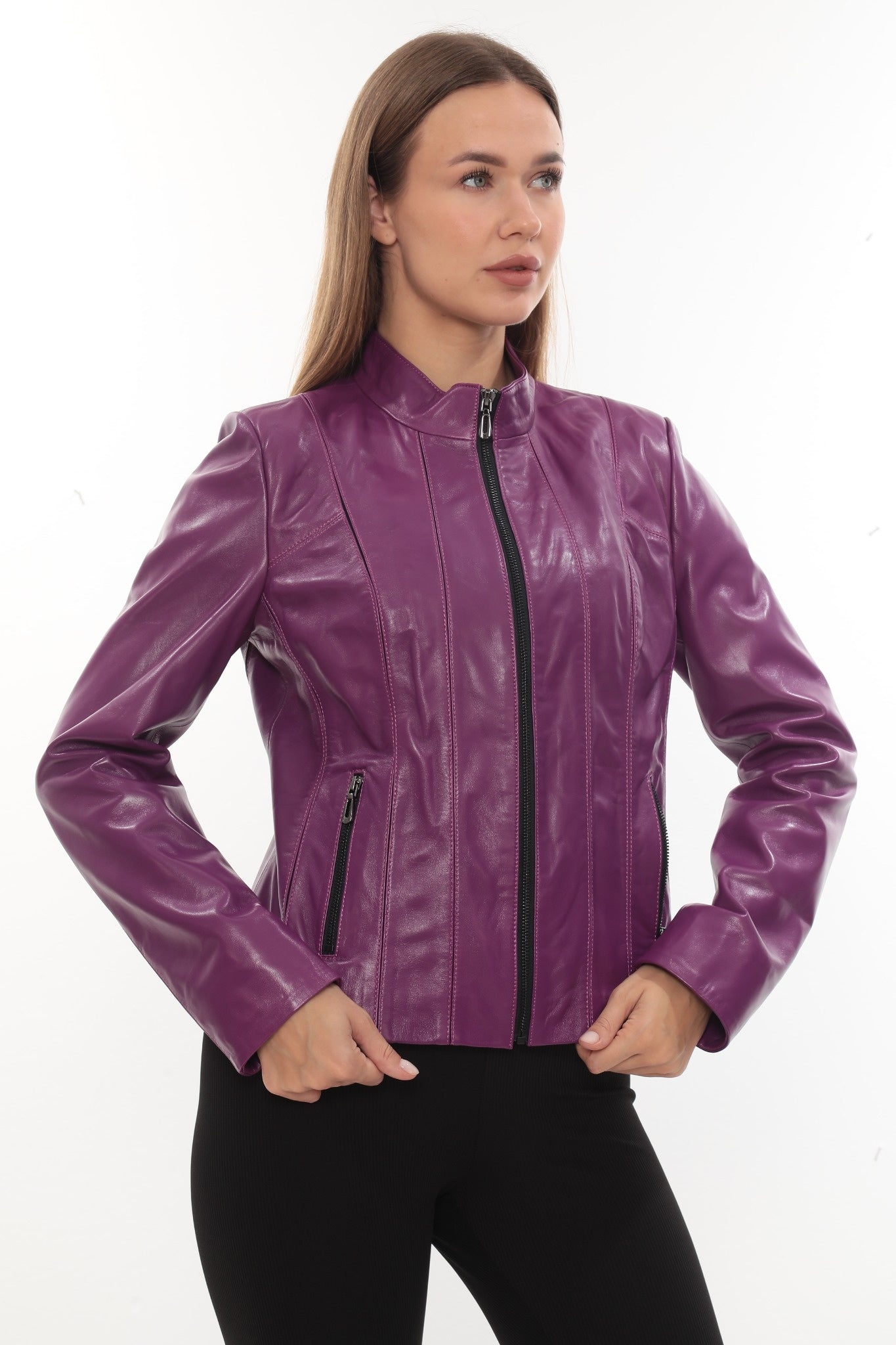 Norelle Genuine Lambskin Black Leather Jacket with Stand Collar and Tailored Fit Purple