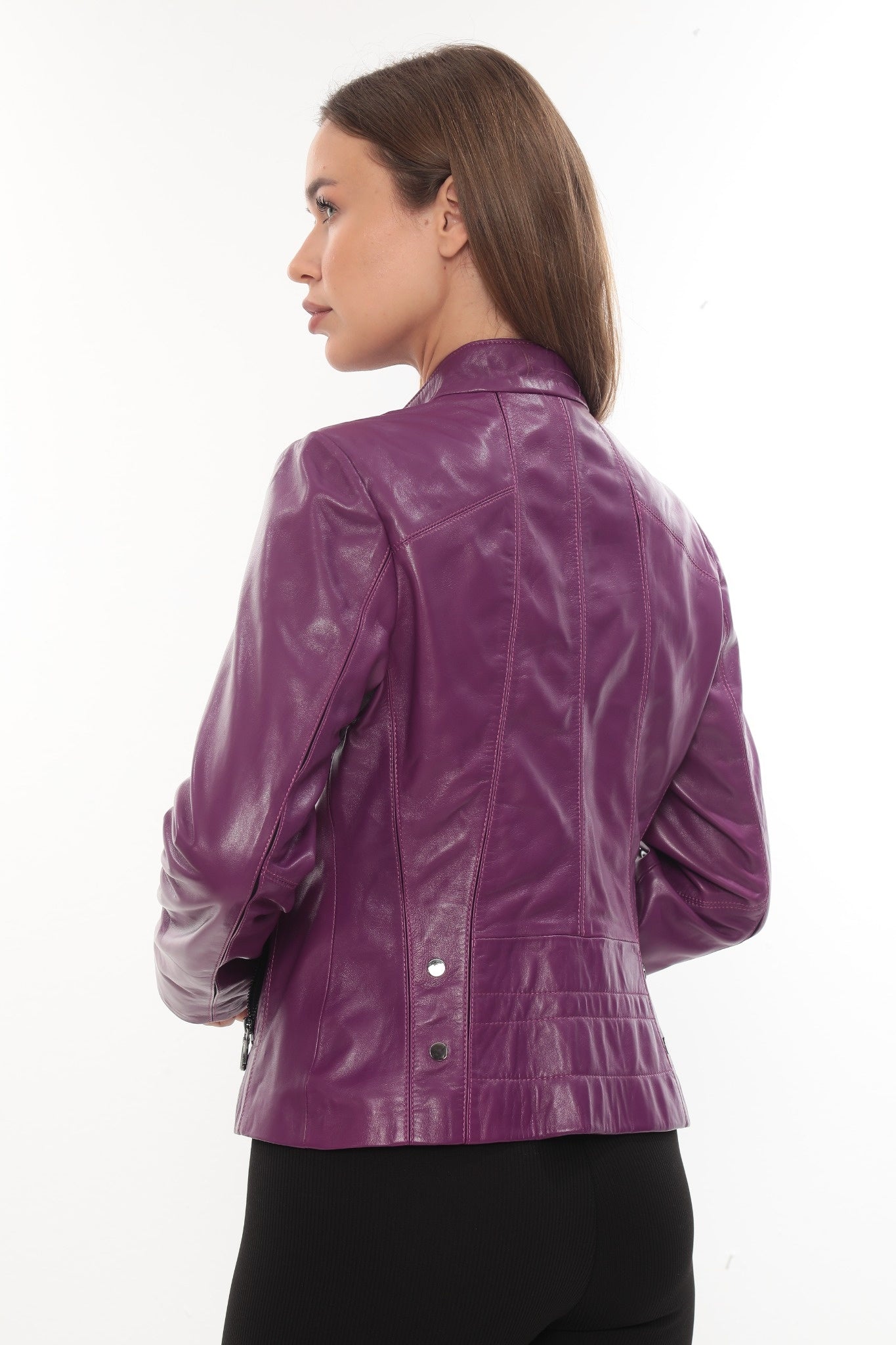 Norelle Genuine Lambskin Black Leather Jacket with Stand Collar and Tailored Fit Purple