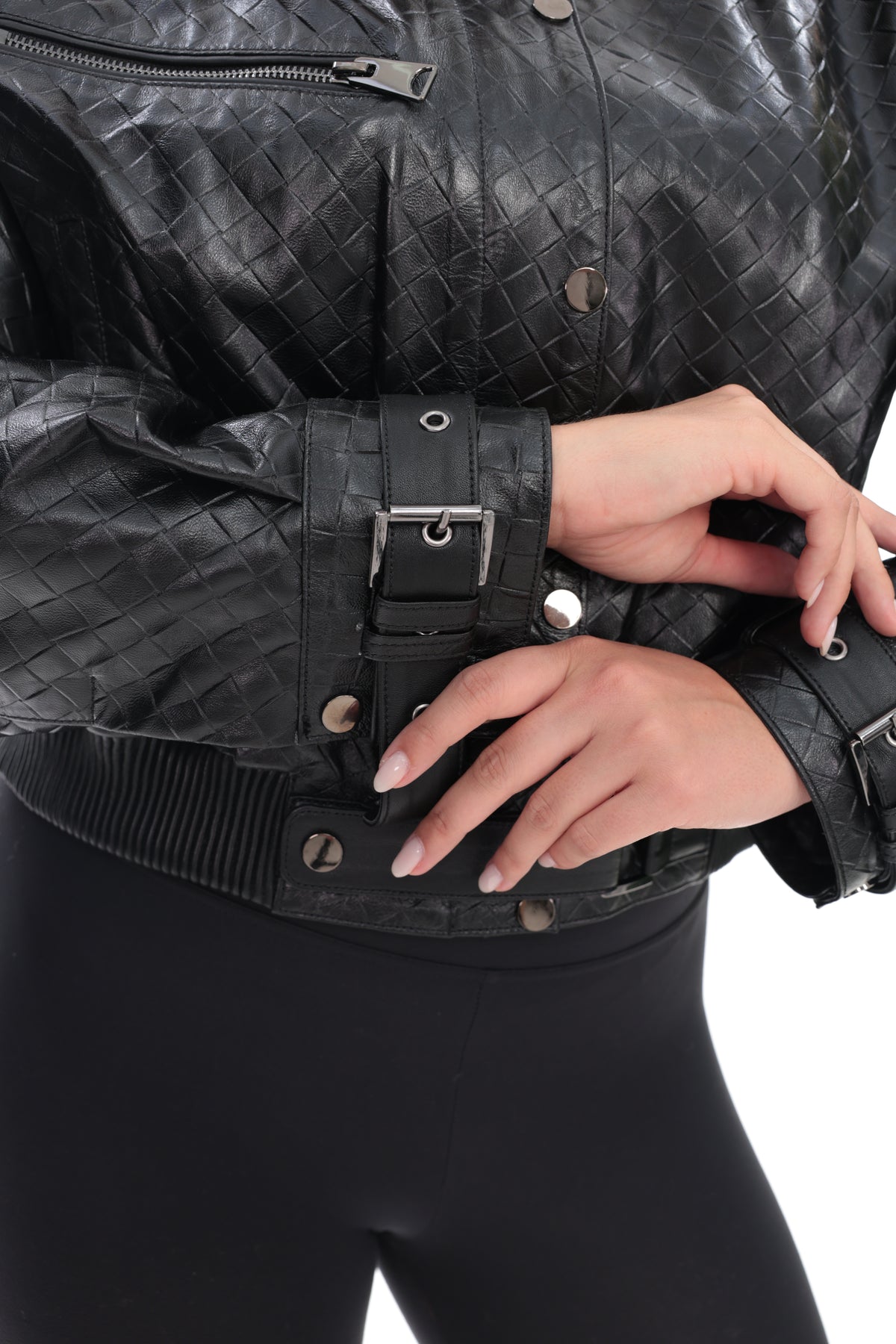 Ravenza Black Woven Genuine Leather Bomber Jacket