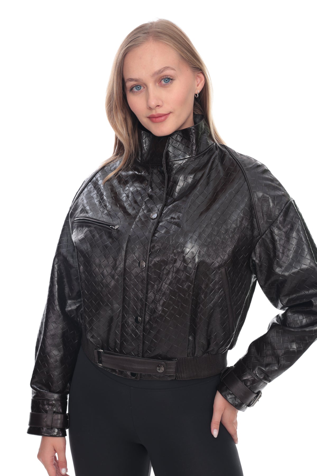Ravenza Brown Woven Genuine Leather Bomber Jacket