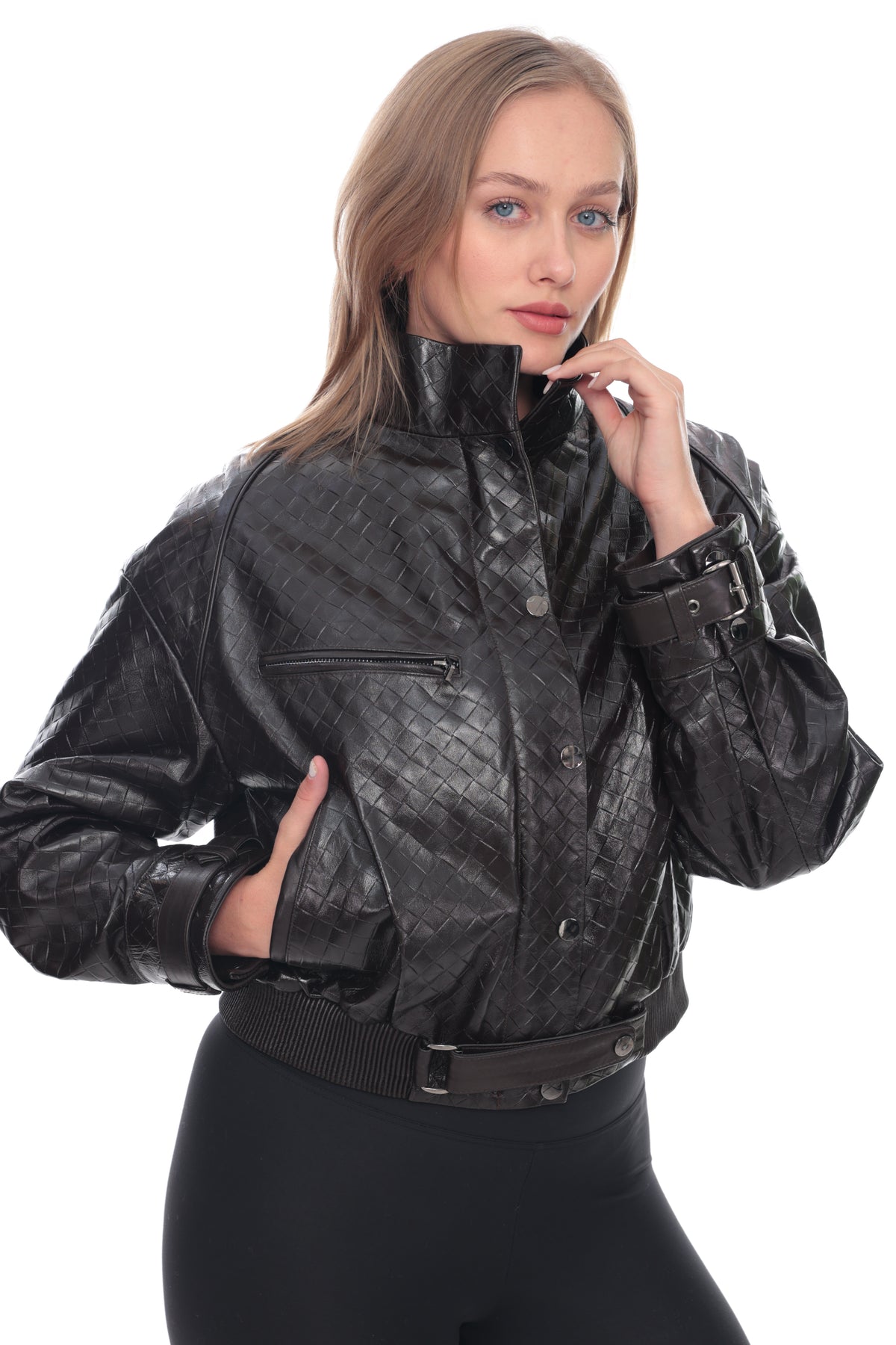 Ravenza Brown Woven Genuine Leather Bomber Jacket