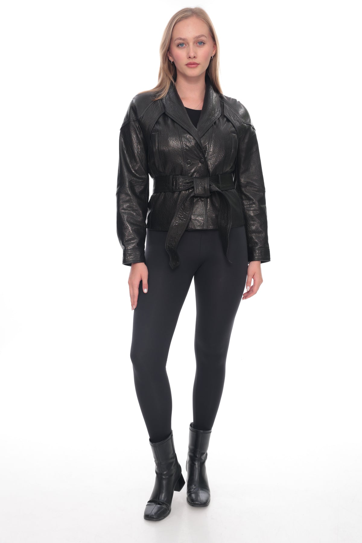 Selvara Black Genuine Leather Belted Blazer Jacket